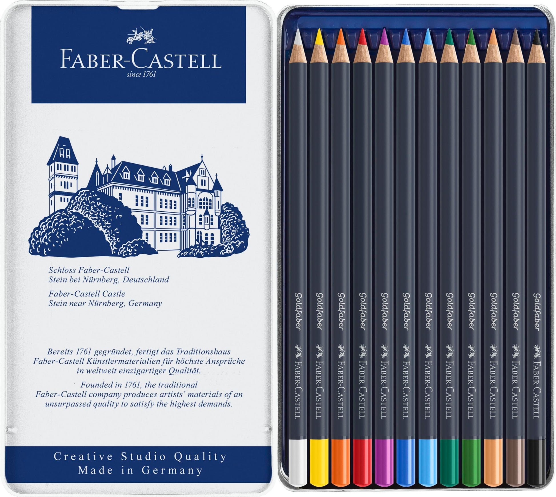 Faber-Castell Colores Goldfaber para Arte con 12 colores elaborados con excelente resistencia a la luz y a caídas, son ideales para artistas profesionales y aficionados que buscan proyectos creativos