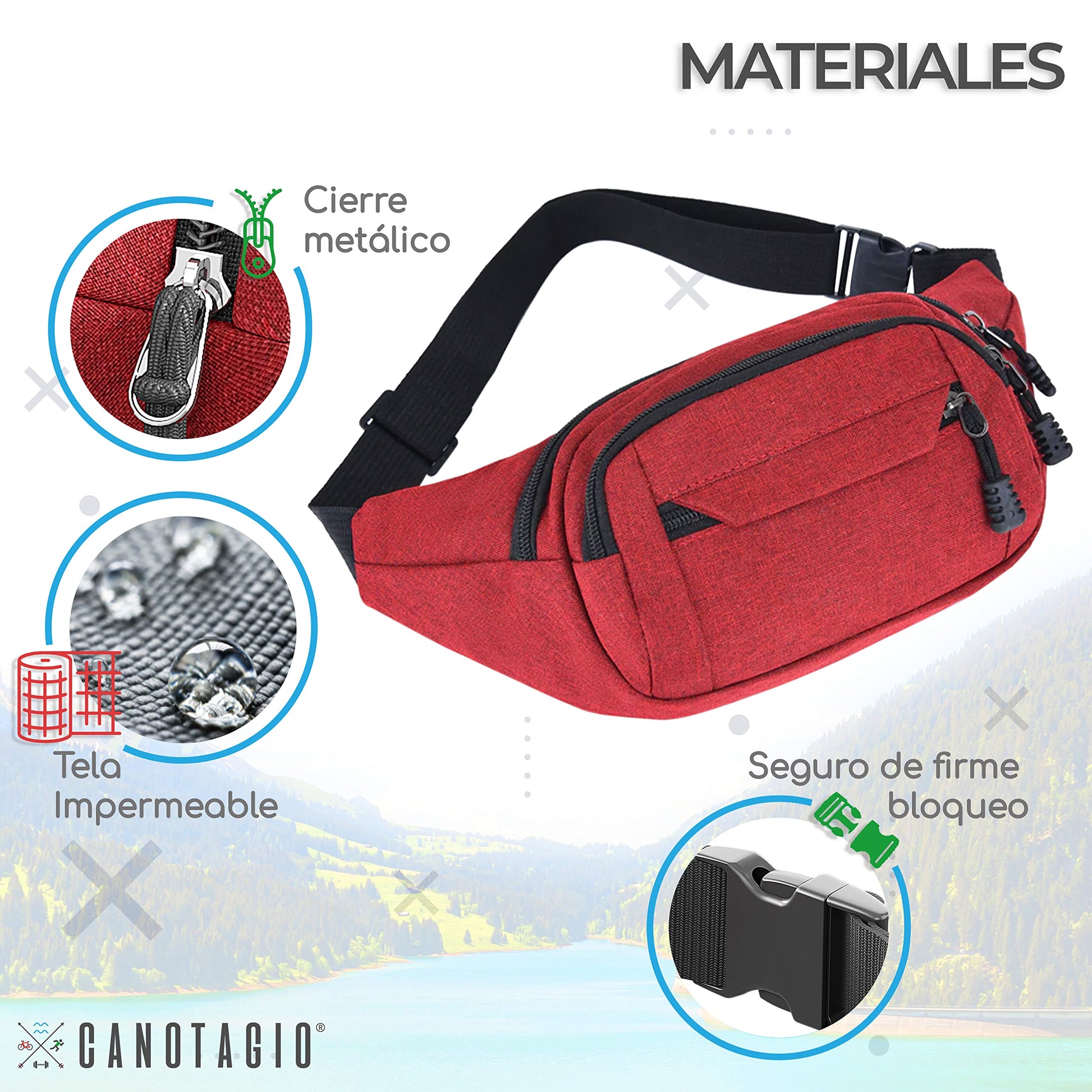 Canotagio Cangurera Deportiva de Viaje con Tela Impermeable de Amplia Capacidad. Para Hombre y Mujer. Excelente Riñonera de Viaje Ajustable. Fanny Pack/Running Belt/Travel Pouch. (Roja)