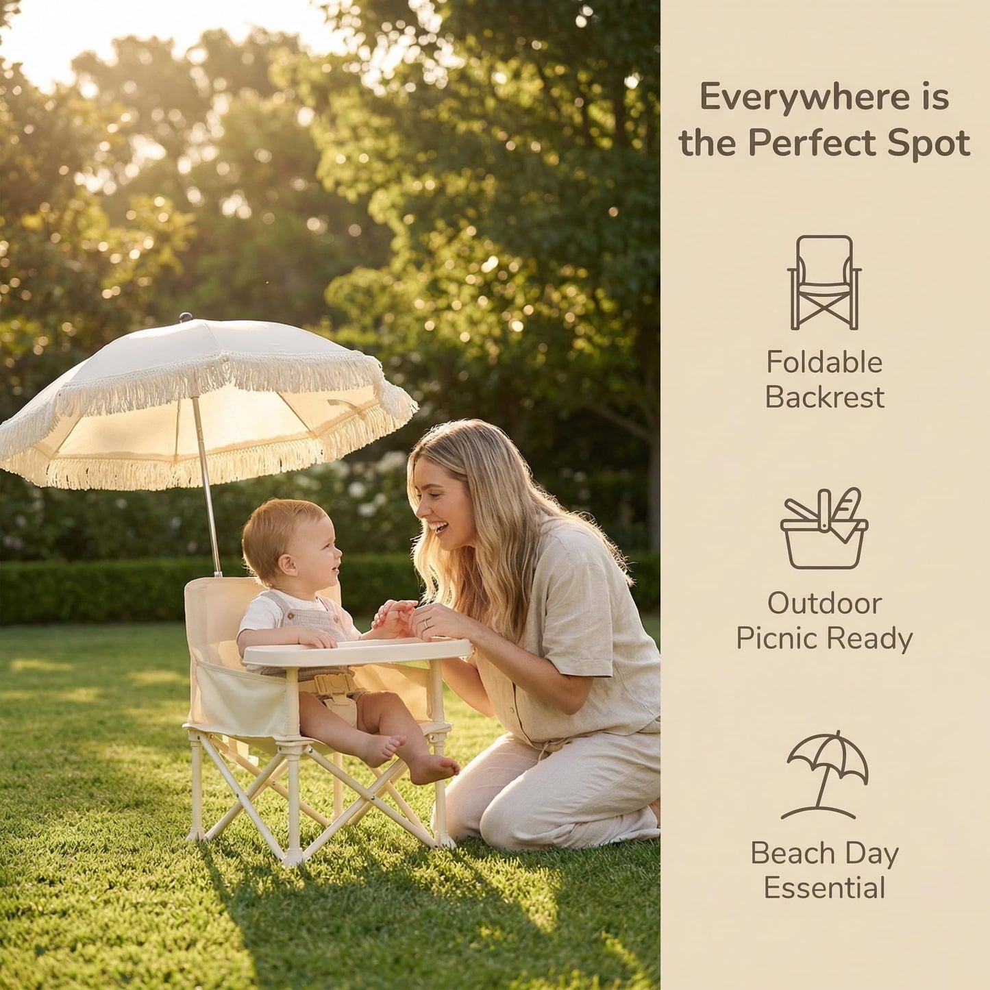 Silla de comedor plegable portátil para bebé, silla alta para exteriores, asiento plegable para niños pequeños con sombrilla y cinturón de seguridad (paraguas de borla beige)