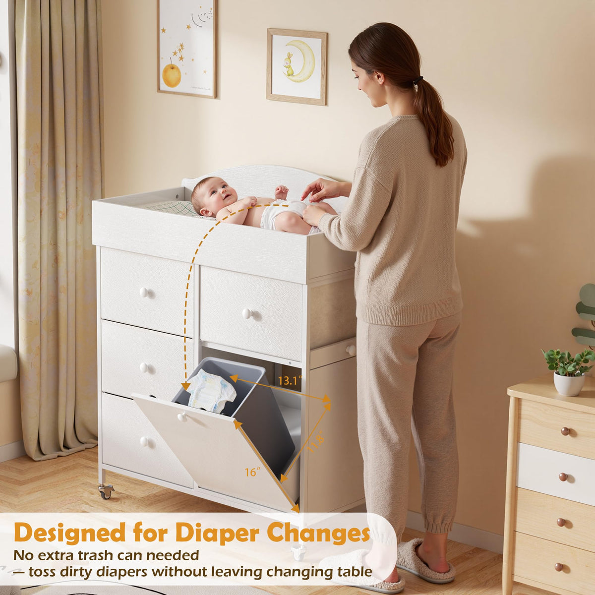 DTK - Cómoda para bebé con superficie cambiadora, cómoda cambiadora de 4 cajones con gabinete de basura inclinable y estante extraíble, estación cambiadora de pañales con almohadilla impermeable y
