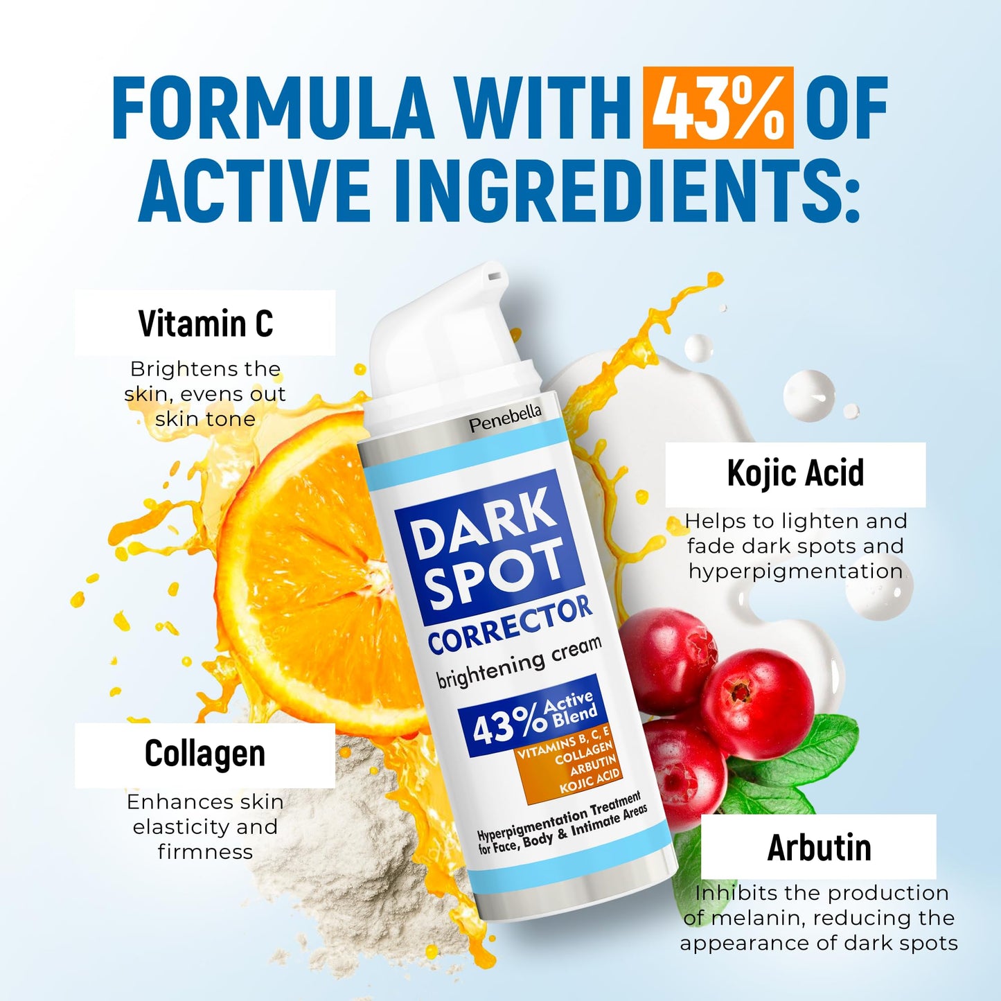 Dark Spot Remover for Face and Body - 43% Active Ingredients Blend with Vitamin C, Niacinamide, Collagen - Skin Lightening Cream for Women and Men - Dark Spot Corrector - Brightening Cream