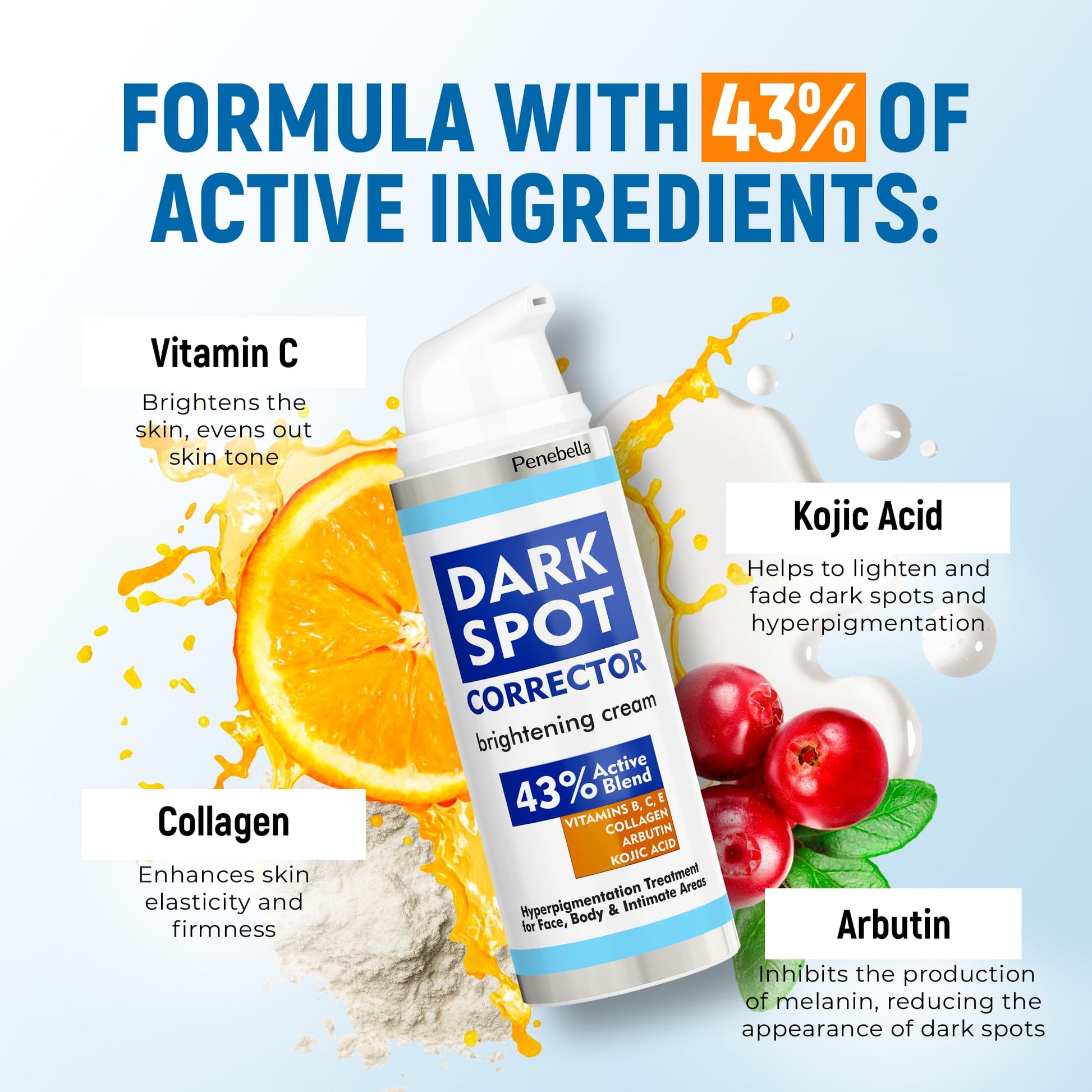 Dark Spot Remover for Face and Body - 43% Active Ingredients Blend with Vitamin C, Niacinamide, Collagen - Skin Lightening Cream for Women and Men - Dark Spot Corrector - Brightening Cream