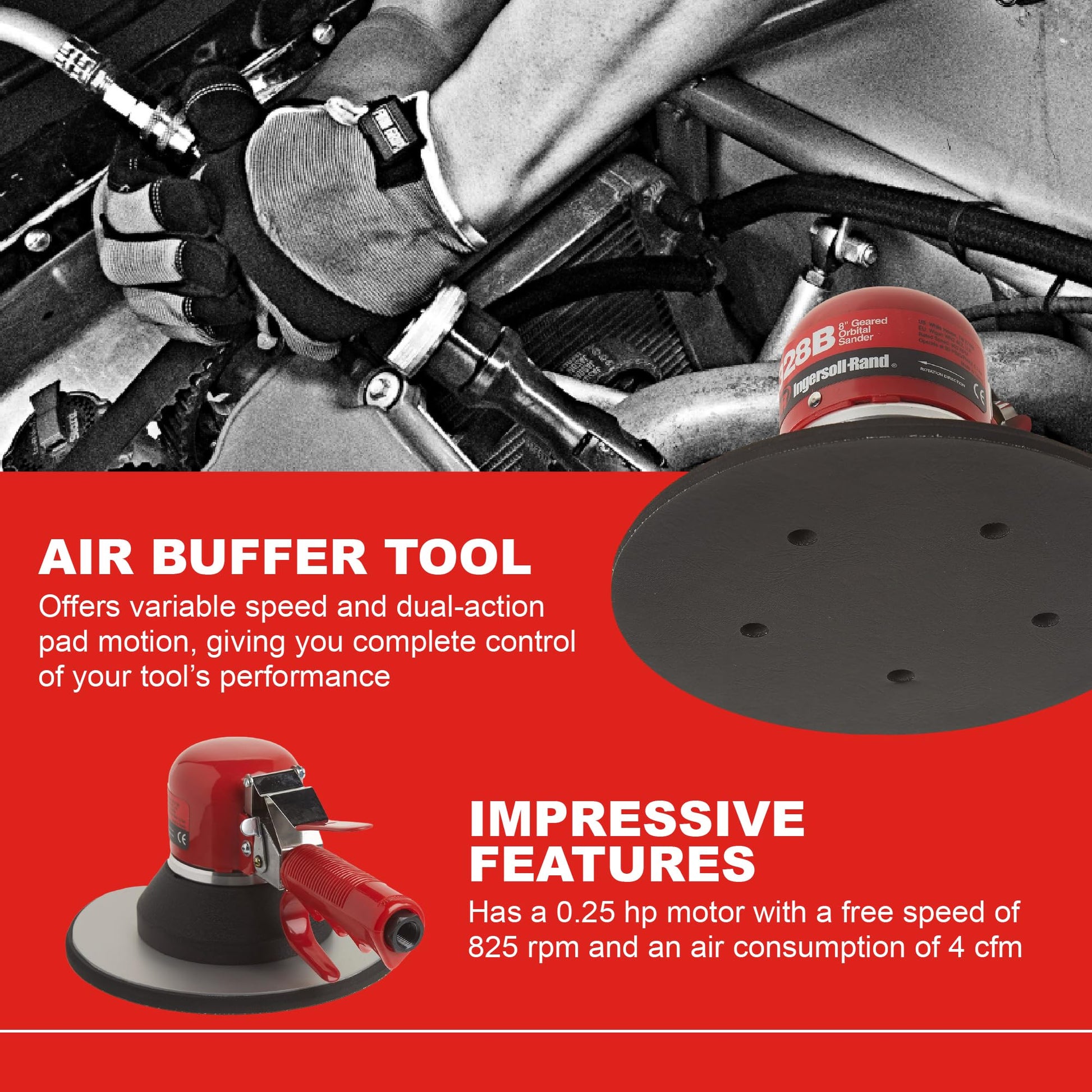 Ingersoll Rand Lijadora Neumática Orbital con Engranajes de Doble Acción 328B, Almohadilla Adhesiva de 8", órbita de 5/32", 825 RPM, 0,25 HP