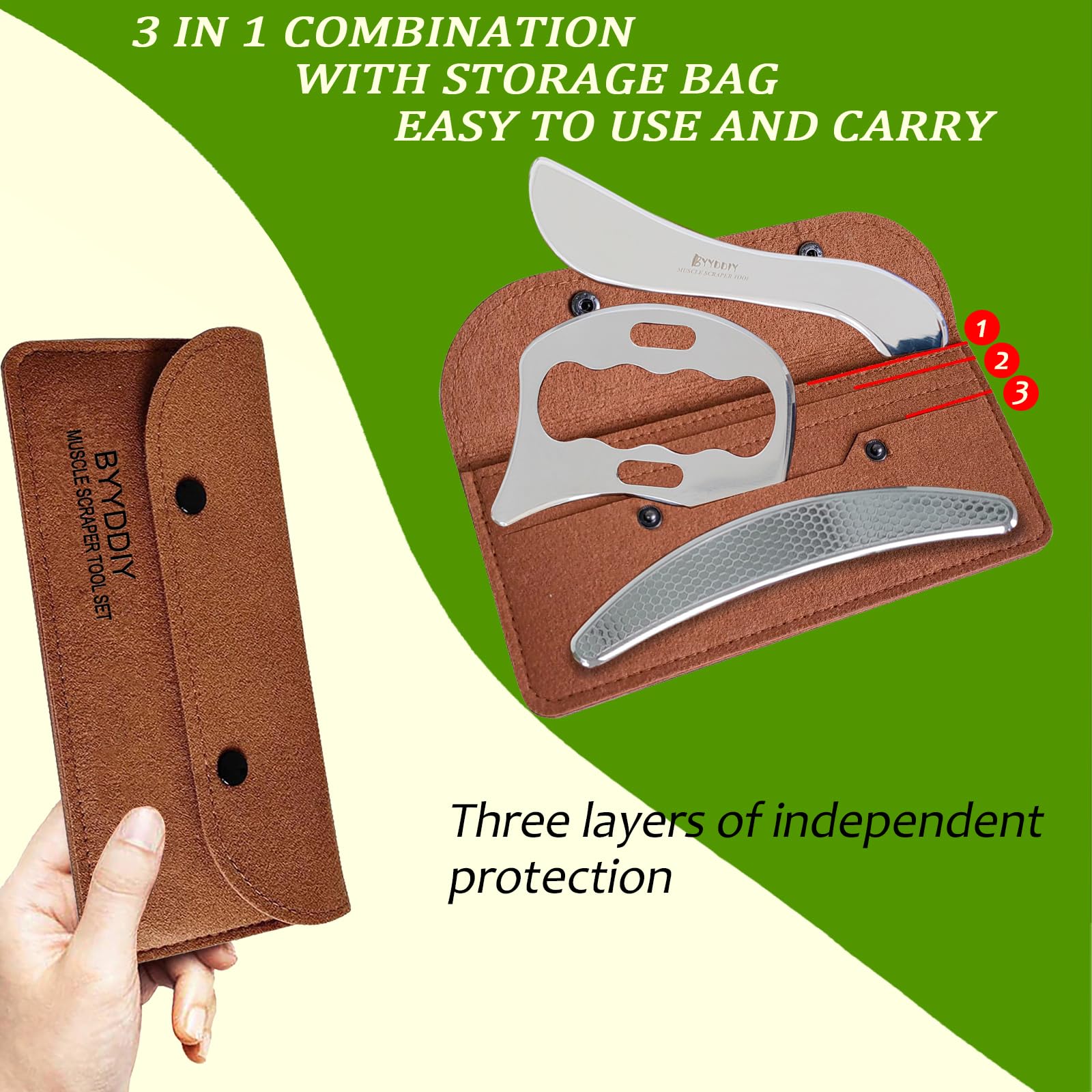 BYYDDIY - Juego de herramientas de raspador muscular de acero inoxidable 3 en 1, herramientas de masaje raspado para terapia física, Derma Edge y GuaSha raspador de masaje, herramientas IASTM,