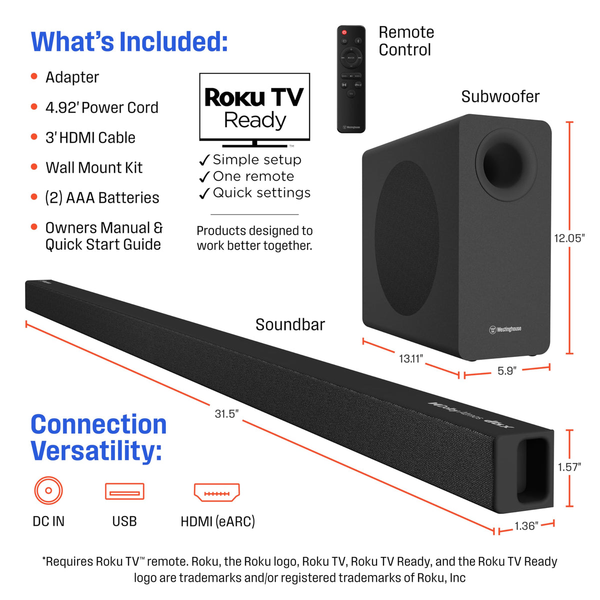 Barra de Sonido Westinghouse Negra 2.1 Canales con Dolby Atmos y Subwoofer Inalámbrico para Smart TV