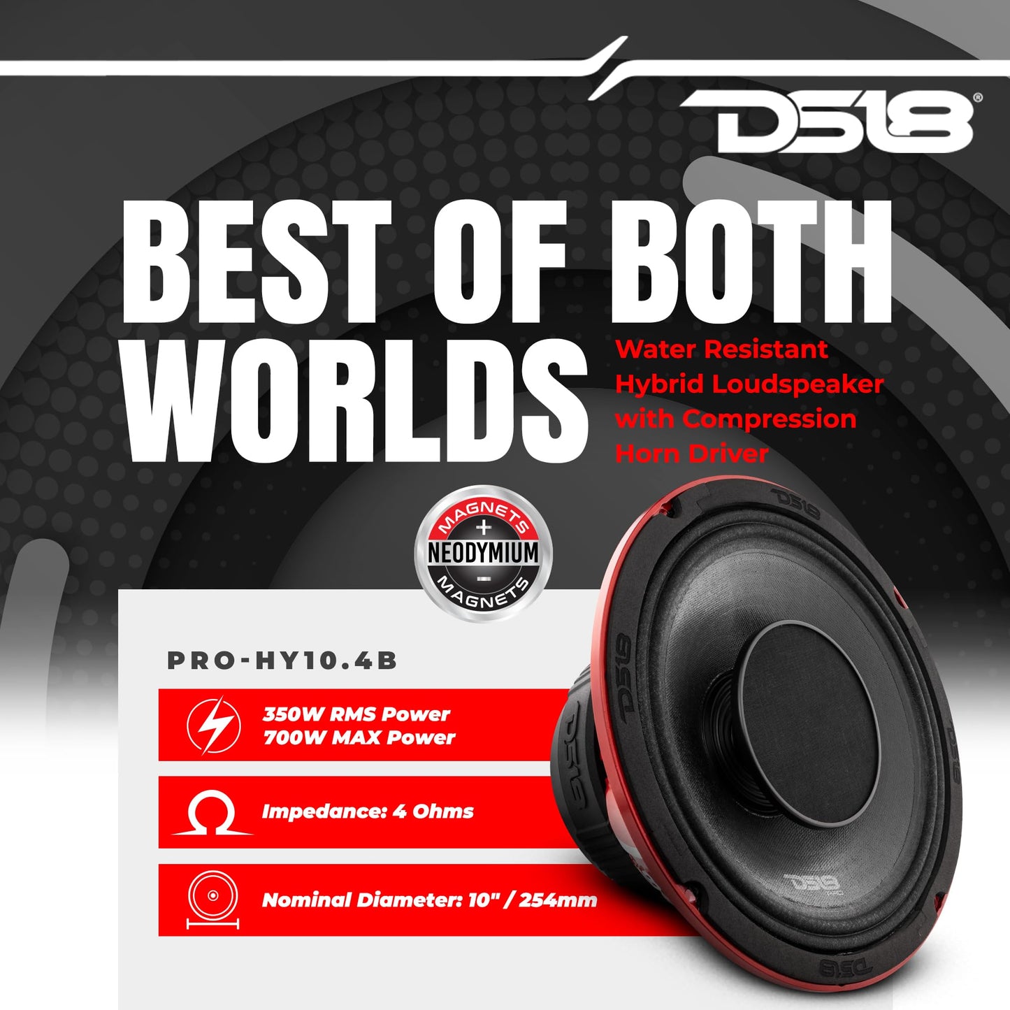 DS18 PRO-HY10.4B - Altavoz híbrido de rango medio resistente al agua de 10 pulgadas con driver integrado de 700 W de potencia máxima de 4 ohmios, rango medio de 10 pulgadas con bocina de driver de