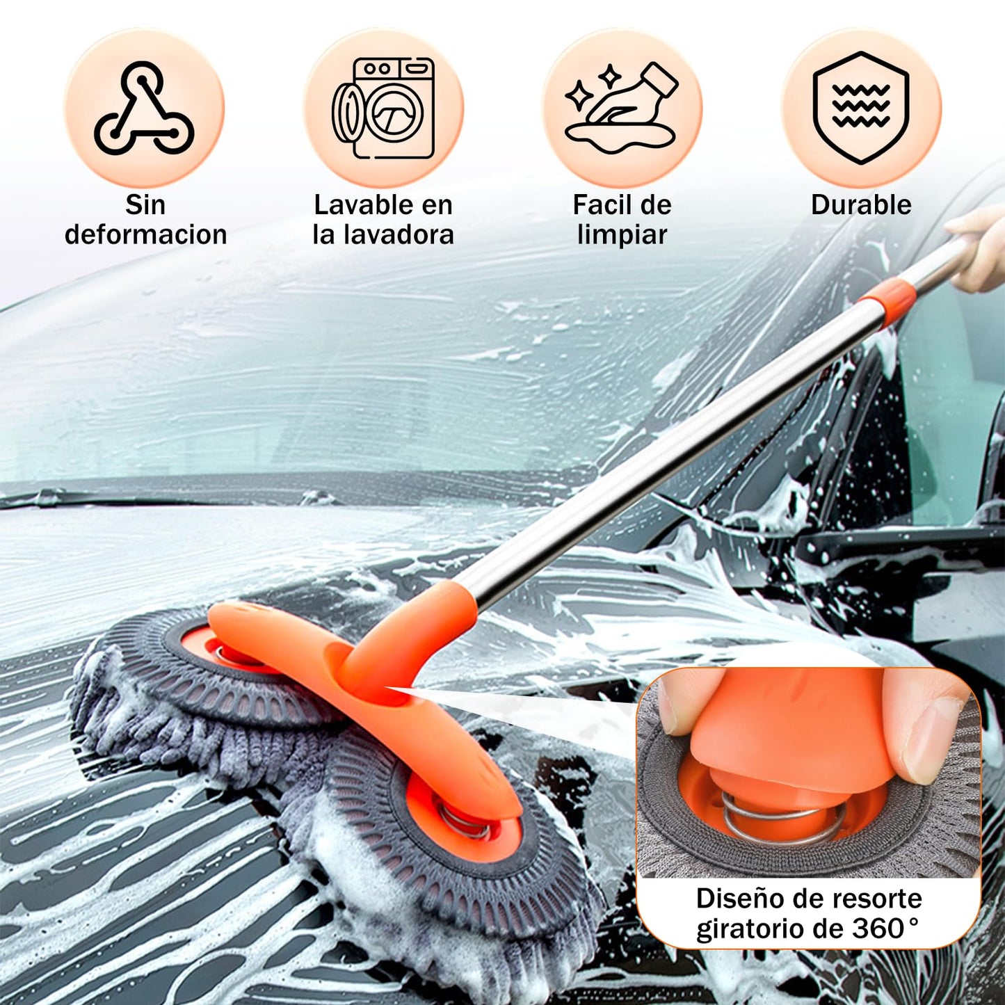 BYHANG Cepillo para Lavar Carros con Mango Largo, Juego de Cepillos para Limpieza de Coches, con 360° Cepillo Giratorio de Doble Cabezal, para Limpiar Coches, Neumáticos (Color Naranja)