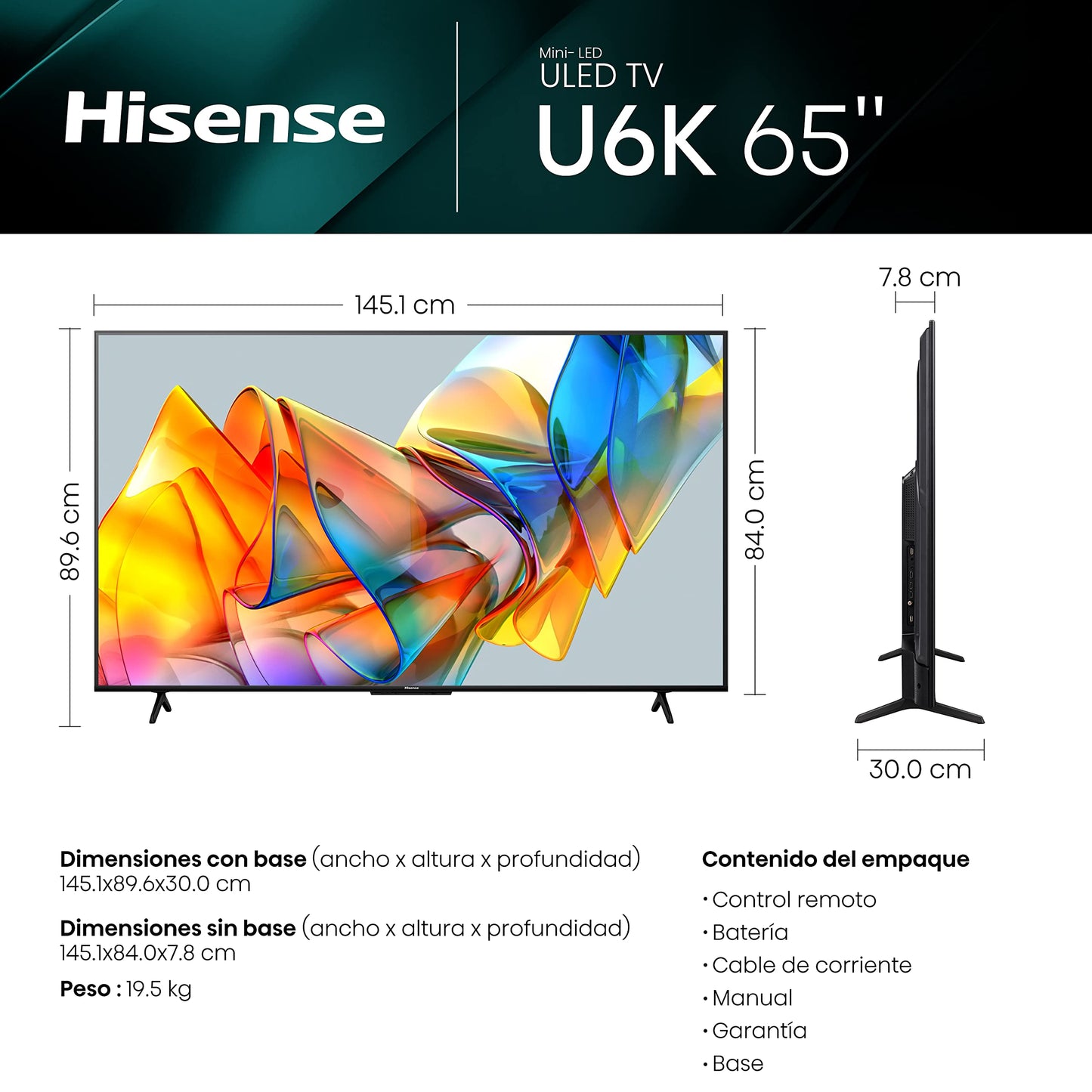 Hisense-Pantalla Mini-Led 4K 65" de 65U6K de Google TV