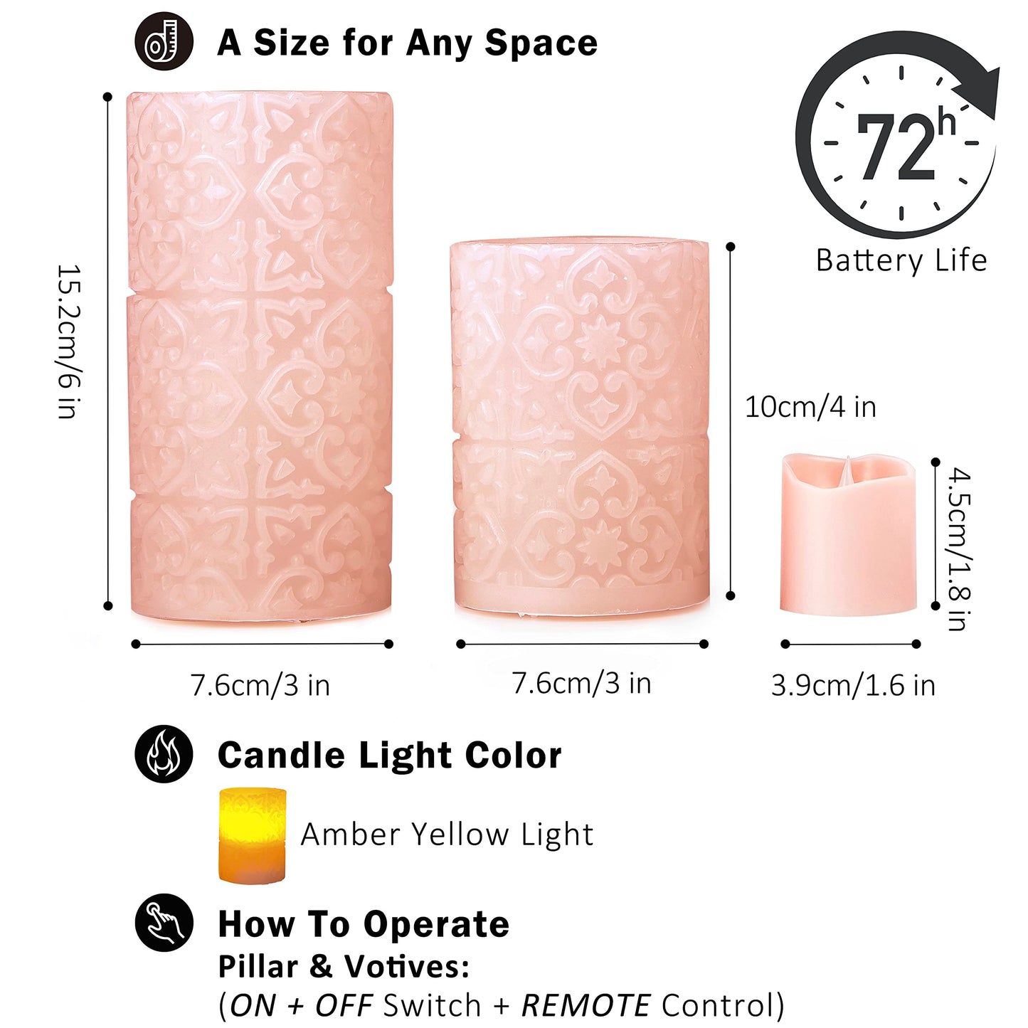 Furora Lighting - Velas LED de cera real, control remoto y temporizador, paquete de 8 (4 pilares y 4 votivas), velas sin llama con parpadeo para decorar el hogar, incluye pilas, rosa, (Pink Rome)