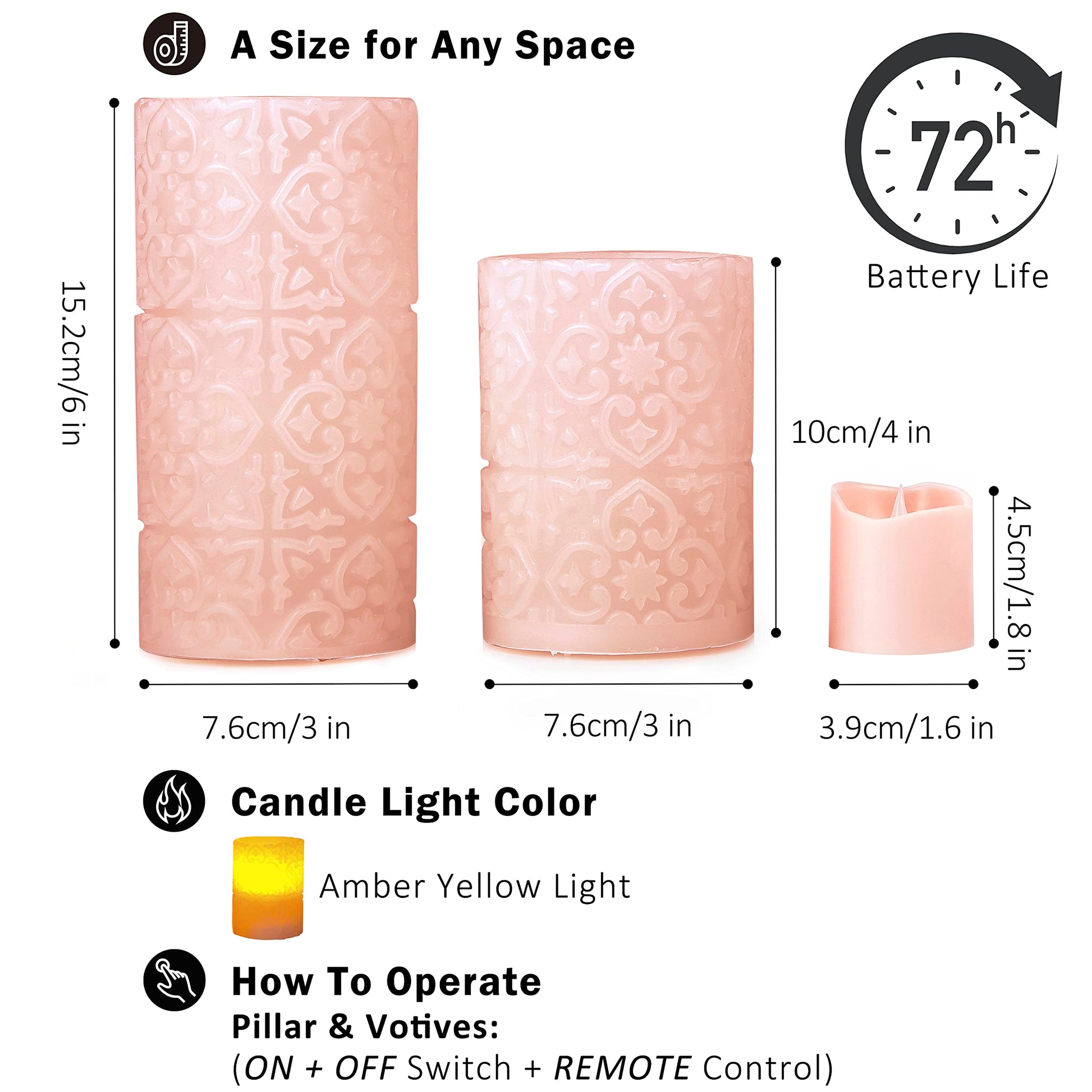 Furora Lighting - Velas LED de cera real, control remoto y temporizador, paquete de 8 (4 pilares y 4 votivas), velas sin llama con parpadeo para decorar el hogar, incluye pilas, rosa, (Pink Rome)