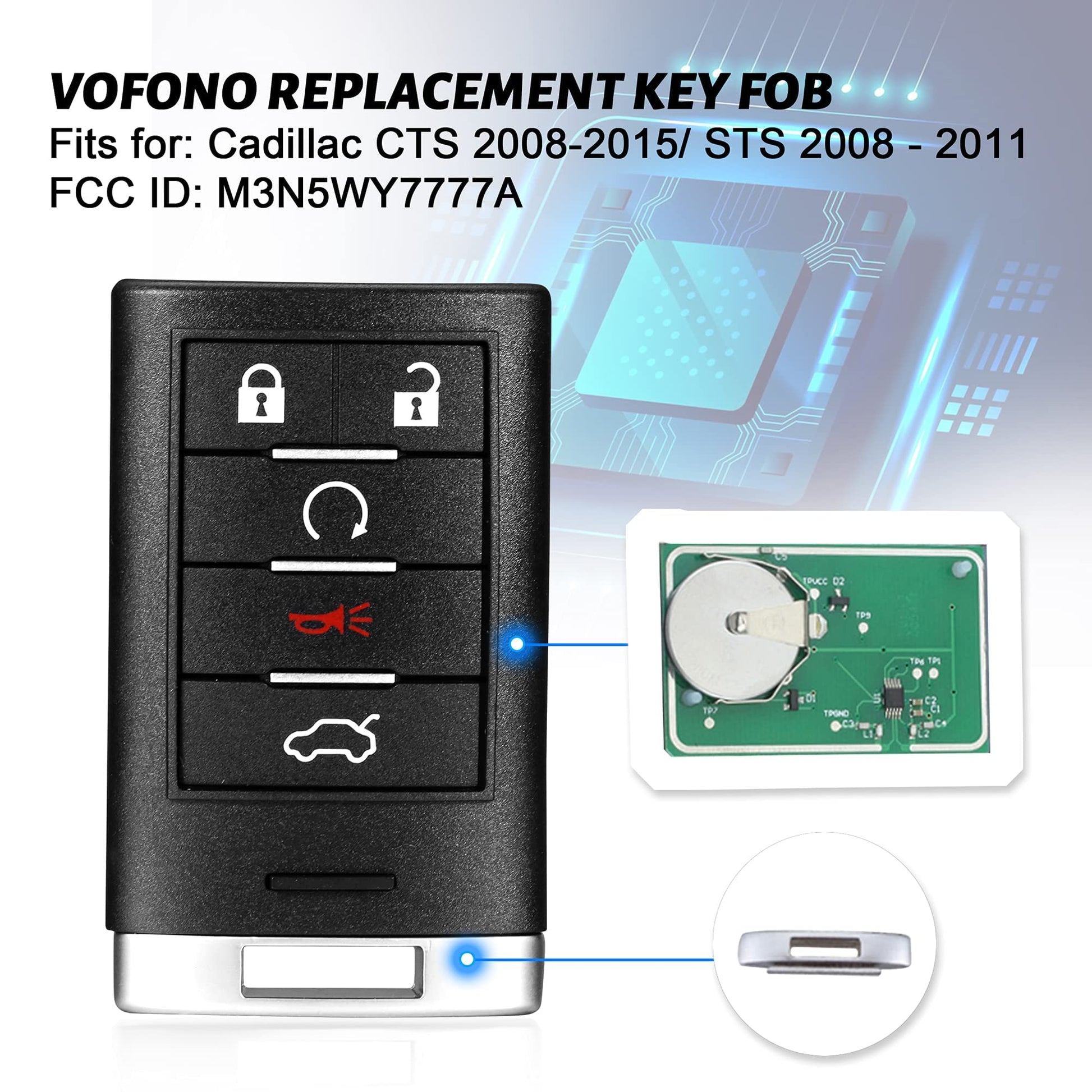 VOFONO - Llavero de repuesto inteligente para entrada sin llave compatible con Cadillac CTS 2008-2015/STS 2008-2011 (FCC ID: M3N5WY777A) 5 botones