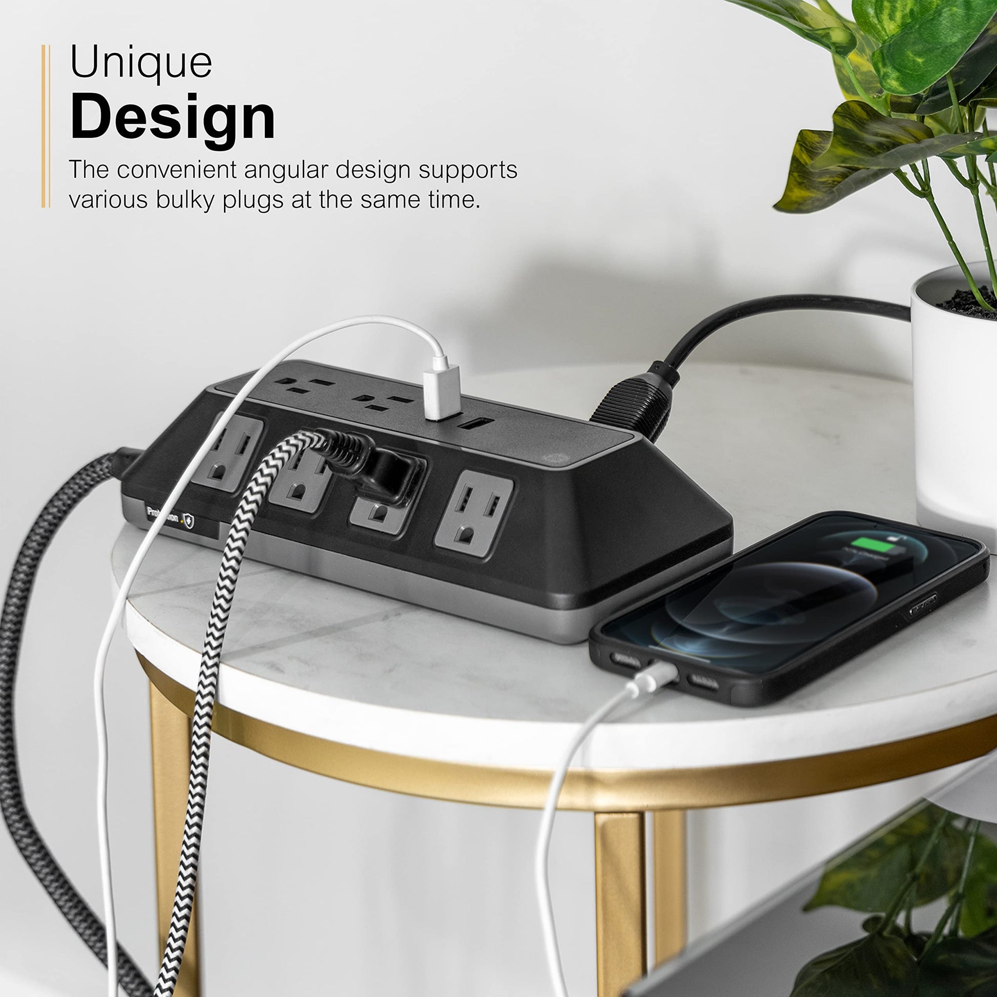 GE UltraPro - Protector de sobretensiones de 10 Salidas con Puertos USB, 2 Puertos USB-A, 2.4A, 12W, Cable Trenzado de 4 pies, Protector de sobretensiones de 3540 Julios, Negro, 73775