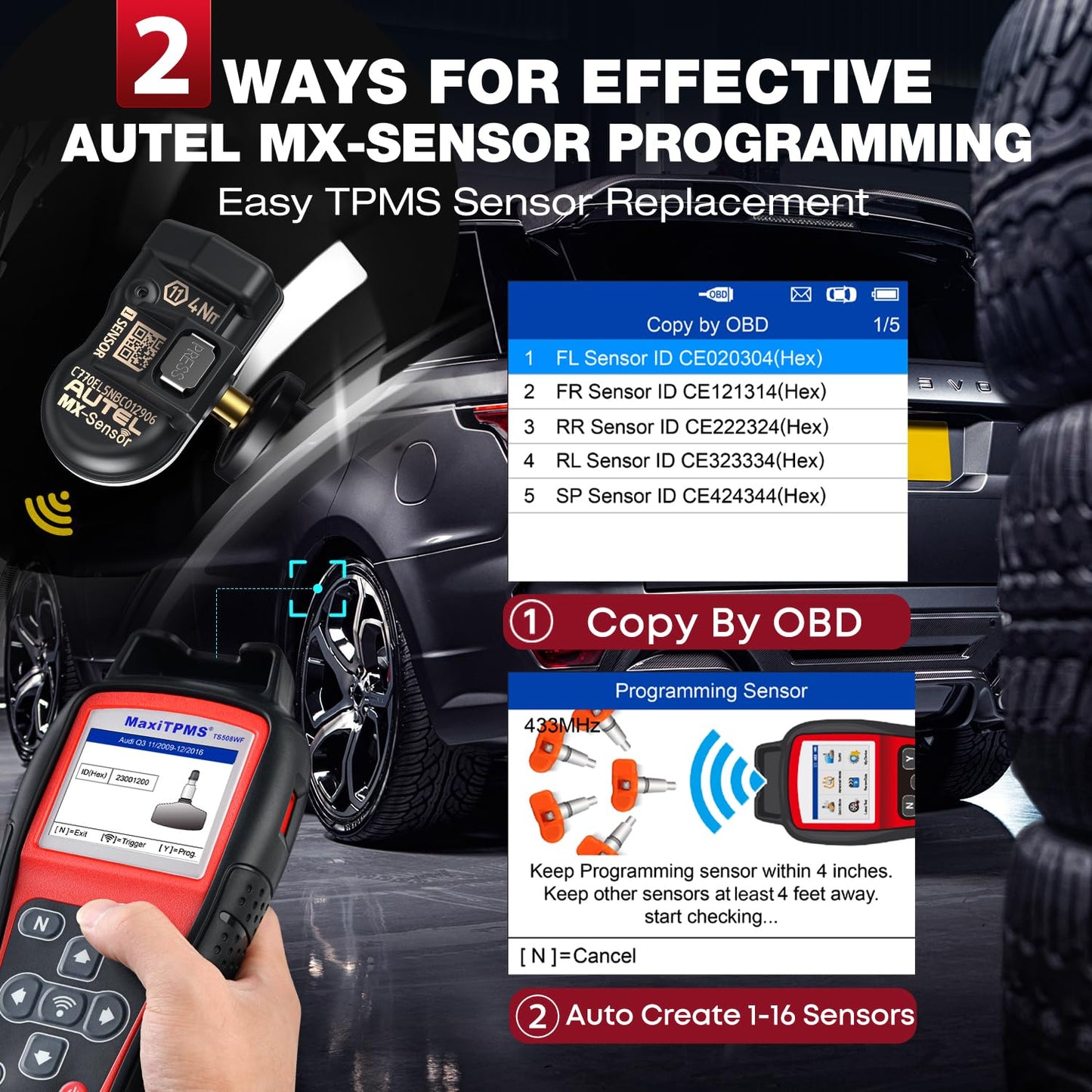 Autel MaxiTPMS TS508WF KIT, 2025 TPMS Herramienta de reinicio de programación con 4 sensores Autel MX ($120), WiFi Ver. TS601 TS508 TS501 PRO, Relearn/Activate All TPMS Sensor, TPMS Restablecer,