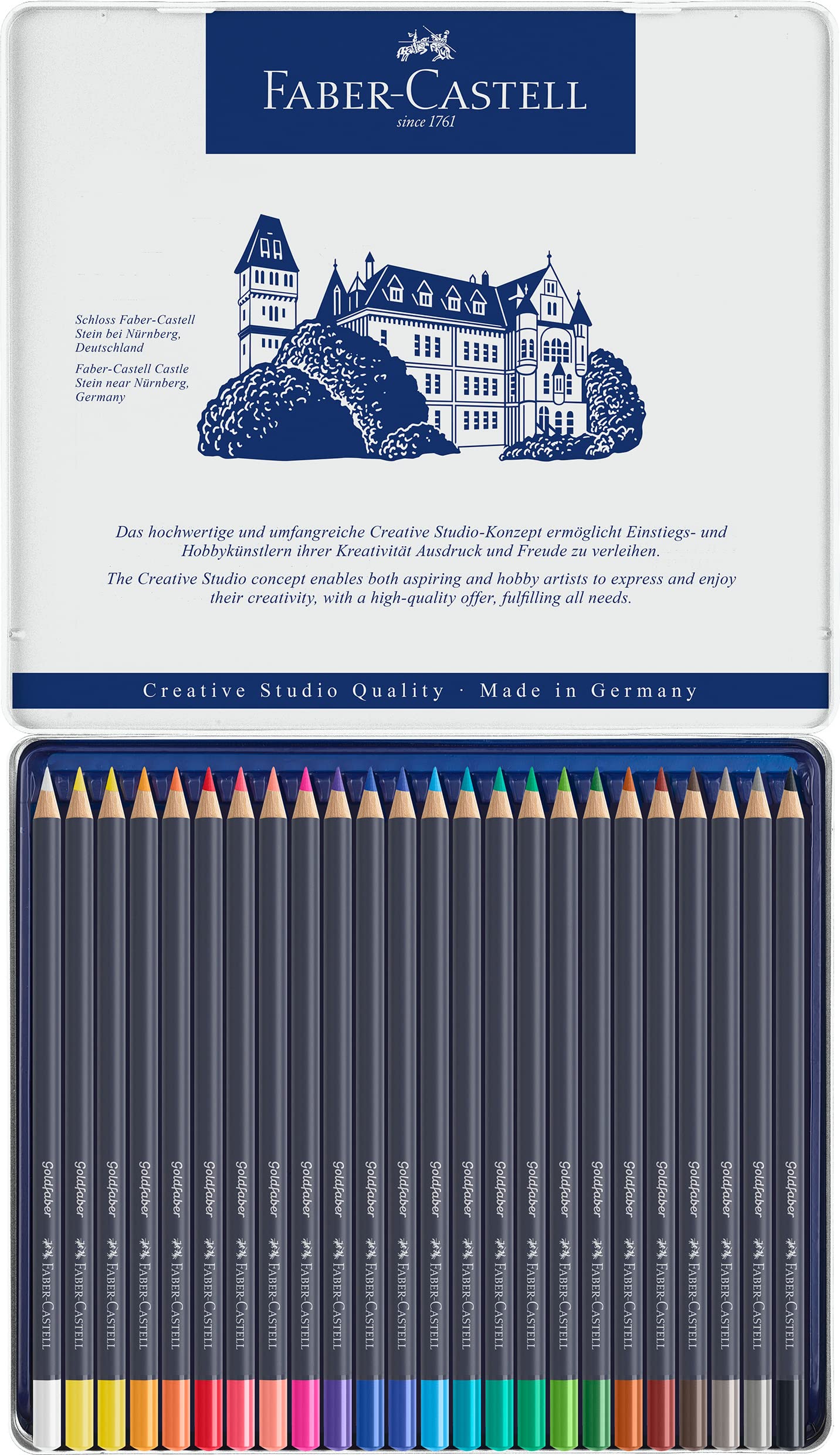 Faber-Castell Colores Goldfaber para Arte con 24 colores elaborados con excelente resistencia a la luz y a caídas, son ideales para artistas profesionales y aficionados que buscan proyectos creativos