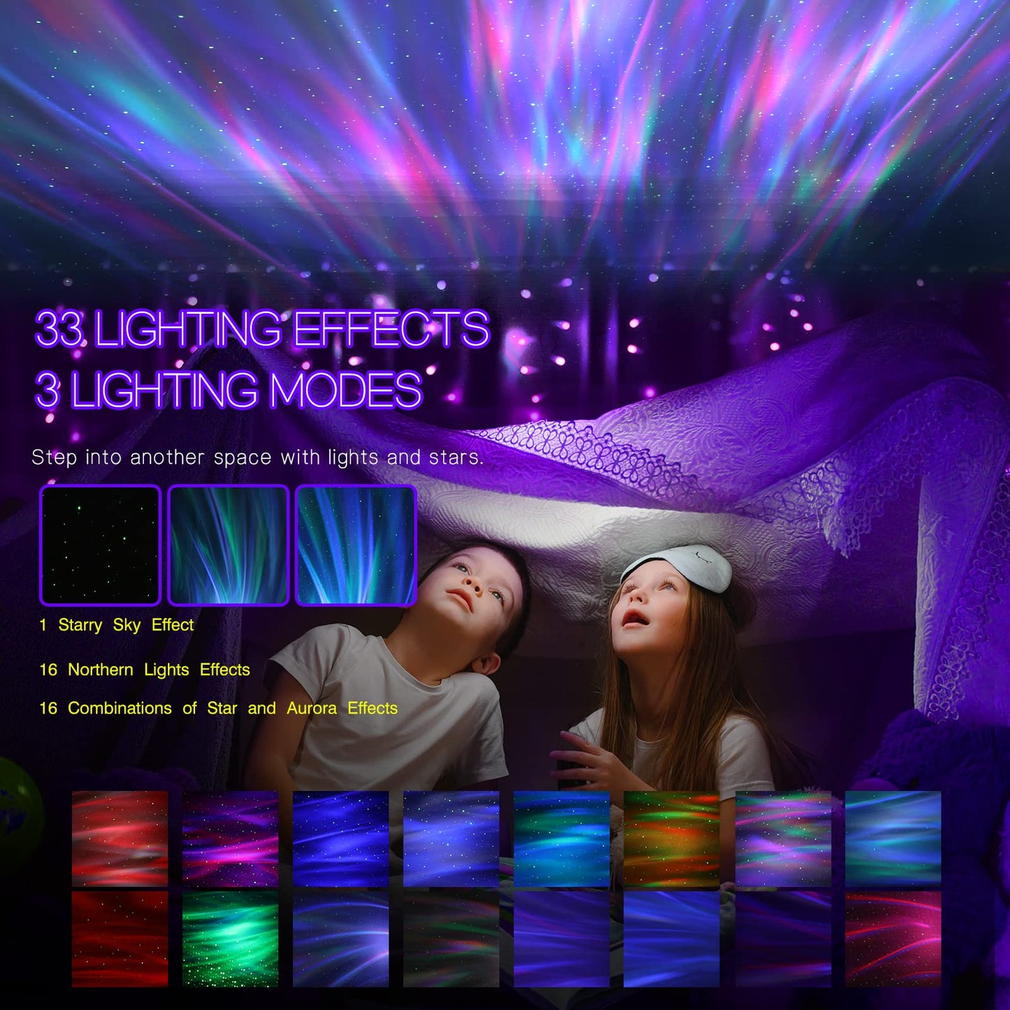 HODANS Northern Galaxy Light Aurora Proyector con 33 efectos de luz, luces nocturnas de estrella LED para recámara, lámpara de nebulosa, control remoto, ruidos blancos, altavoz Bluetooth para fiestas
