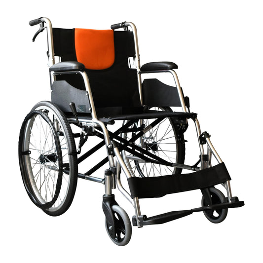 INFINITY | Silla de Ruedas Todo Terreno Ligera de Aluminio con Respaldo Plegable y Doble Sistema de Frenado (Negro-Naranja)