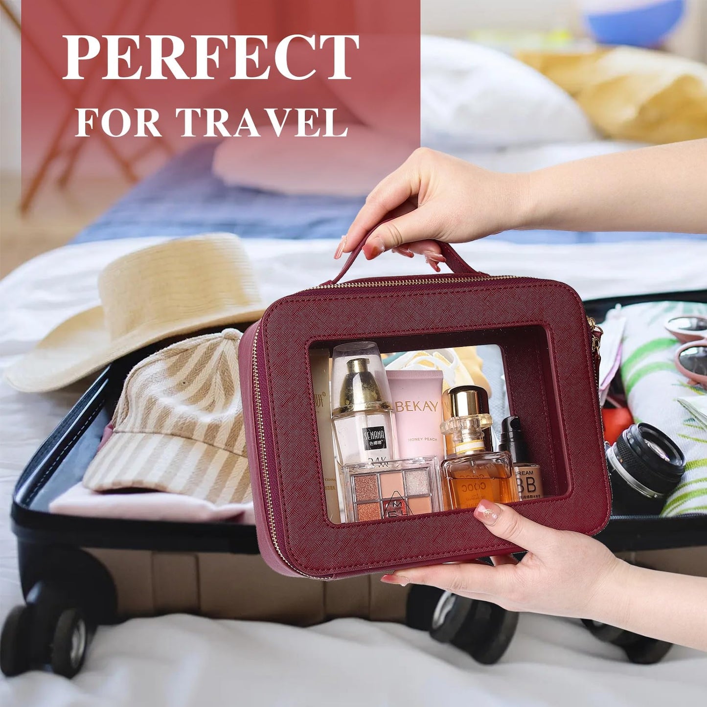 Pinkmik - Estuche para brochas de maquillaje transparente de viaje y neceser, bolsa de maquillaje pequeña con cierre, organizador para mujer, B5/Borgoña, L+M+SLIM, Set de maquillaje de viaje