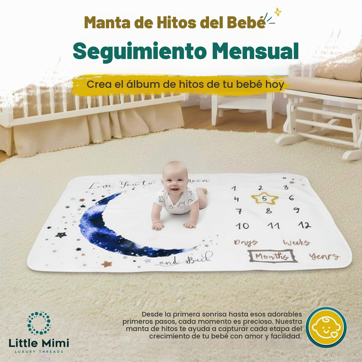 Manta de Hitos Mensuales para Bebé, Suave para Fotos, 100 x 120 cm