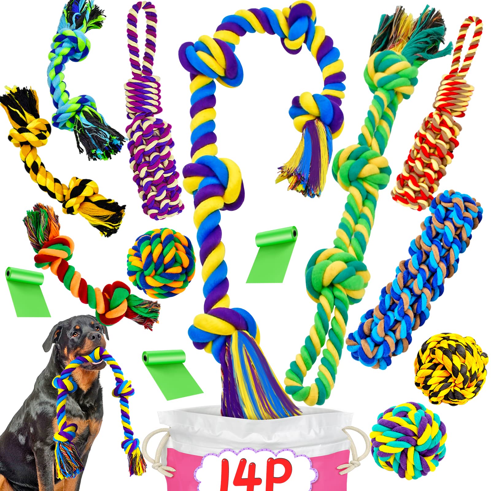 Juguetes para masticar perros XL para masticadores agresivos de raza grande, paquete de 14 juguetes resistentes para perros indestructibles para masticar agresivos, juguetes duraderos para masticar cachorros para dentición, juguetes de cuerda de algodón r