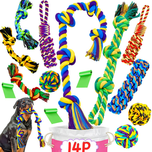 Juguetes para masticar perros XL para masticadores agresivos de raza grande, paquete de 14 juguetes resistentes para perros indestructibles para masticar agresivos, juguetes duraderos para masticar cachorros para dentición, juguetes de cuerda de algodón r