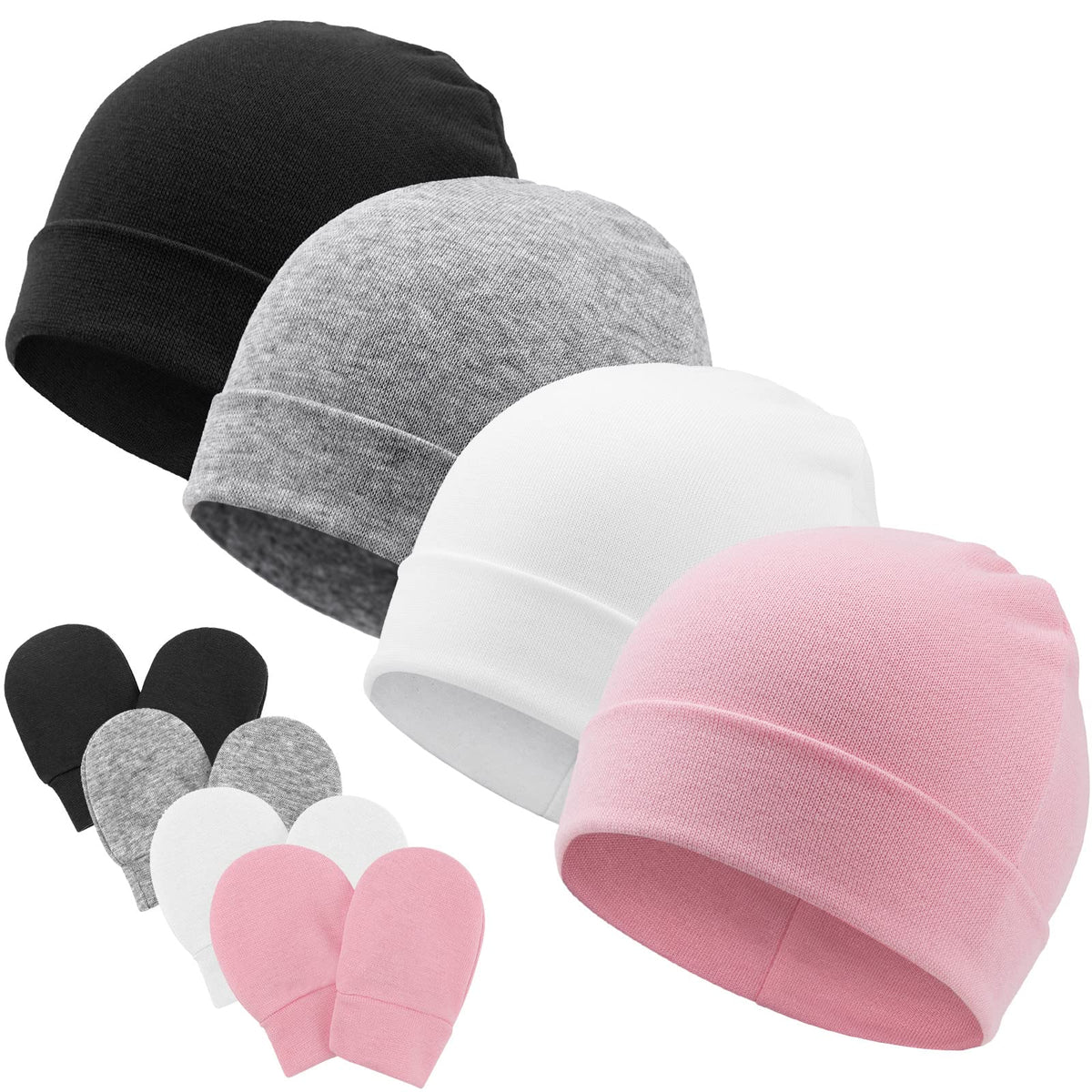 DRESHOW BQUBO Juego de Sombreros y Manoplas de Algodón para Bebé, Sin Arañazos, Gorro de Hospital Recién Nacido para Niños y Niñas, 4 Juegos