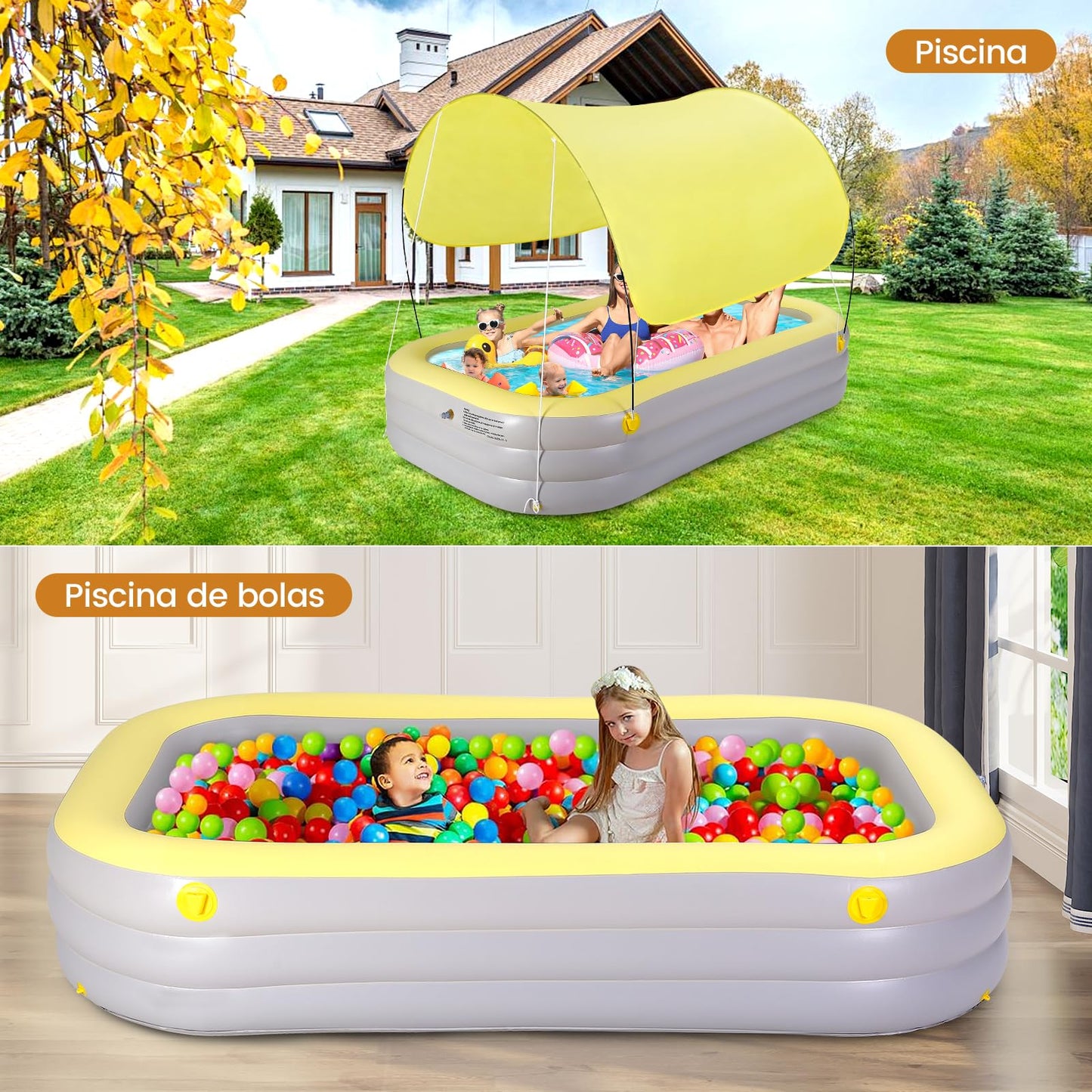 Alberca Inflable Piscina Familiar, Cubierta Inflable para Piscina, 260x160x60cm Piscina Hinchable 3 Niveles Rectangular, Alberca para Niños Adultos Grandes para Patio y Exterior, Exterior, Jardín