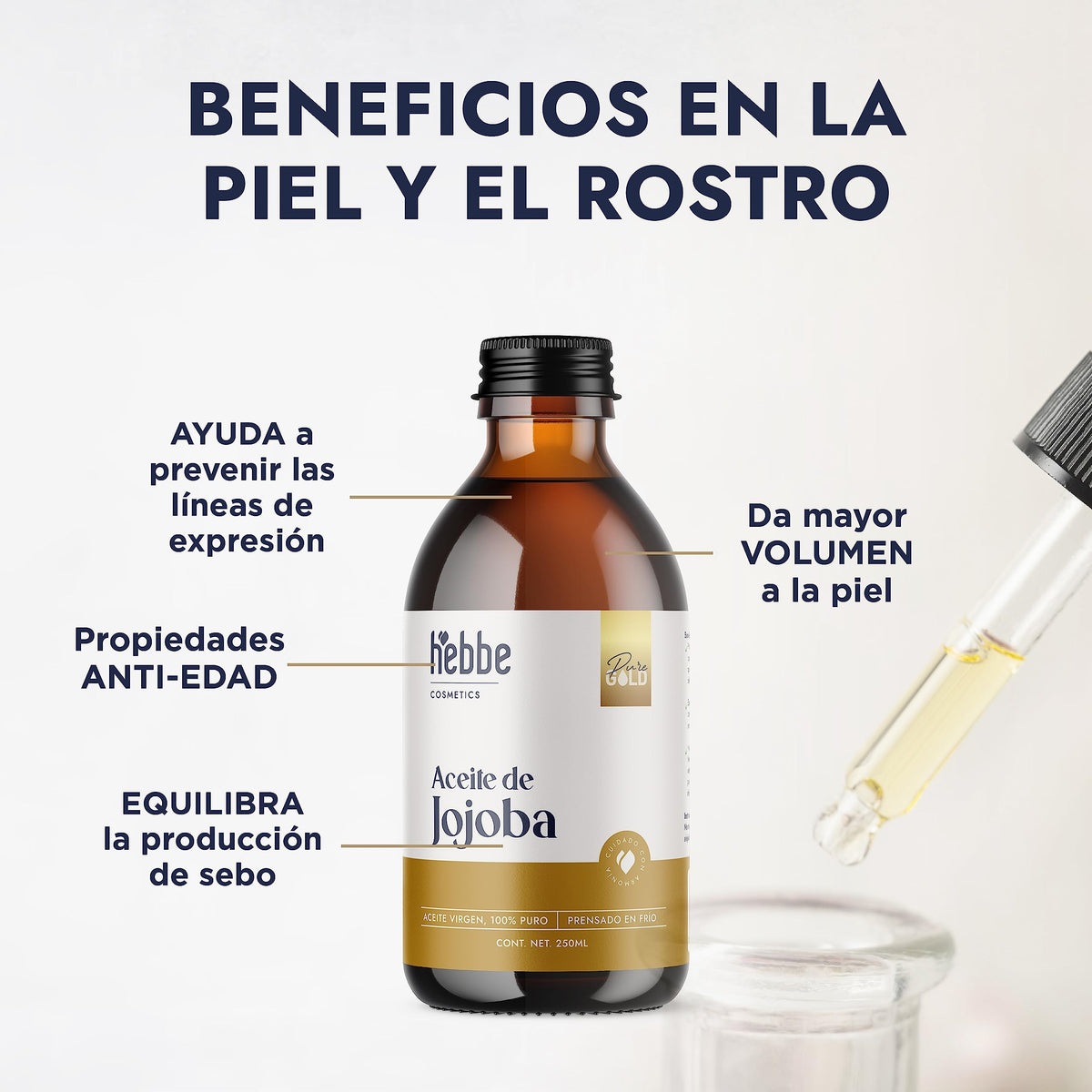 HEBBE | Aceite De Jojoba 250 ml | Orgánico Prensado En Frío Para Cabello Y Piel | Hidratante Facial Para Piel Mixta Y Grasa | Regula Sebo Fortalece Cabello