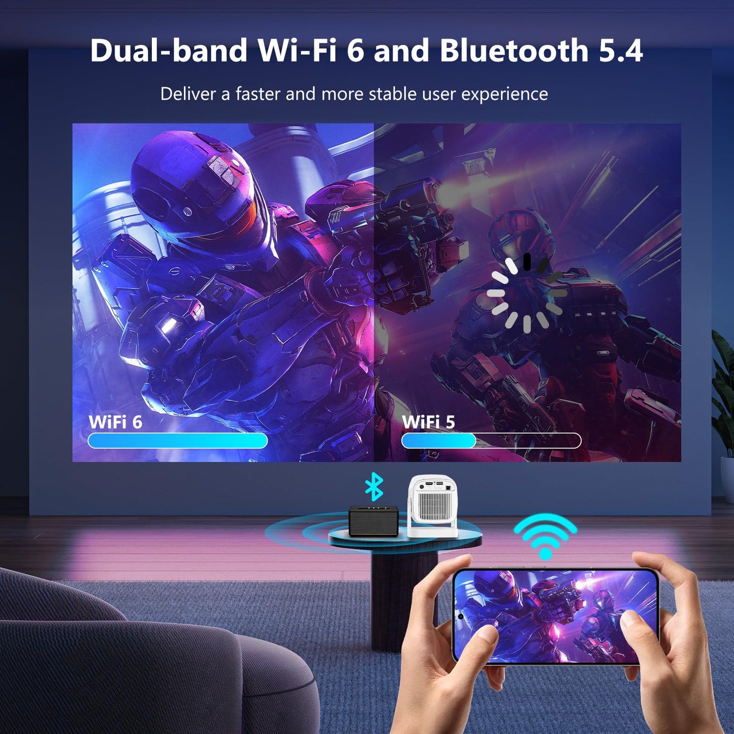 [Soporte 4K y enfoque automático] Mini proyector con WiFi 6 y Bluetooth 5.4, 4K Smart 1080P Proyector de película portátil para exteriores con aplicaciones integradas, giratorio de 180° y