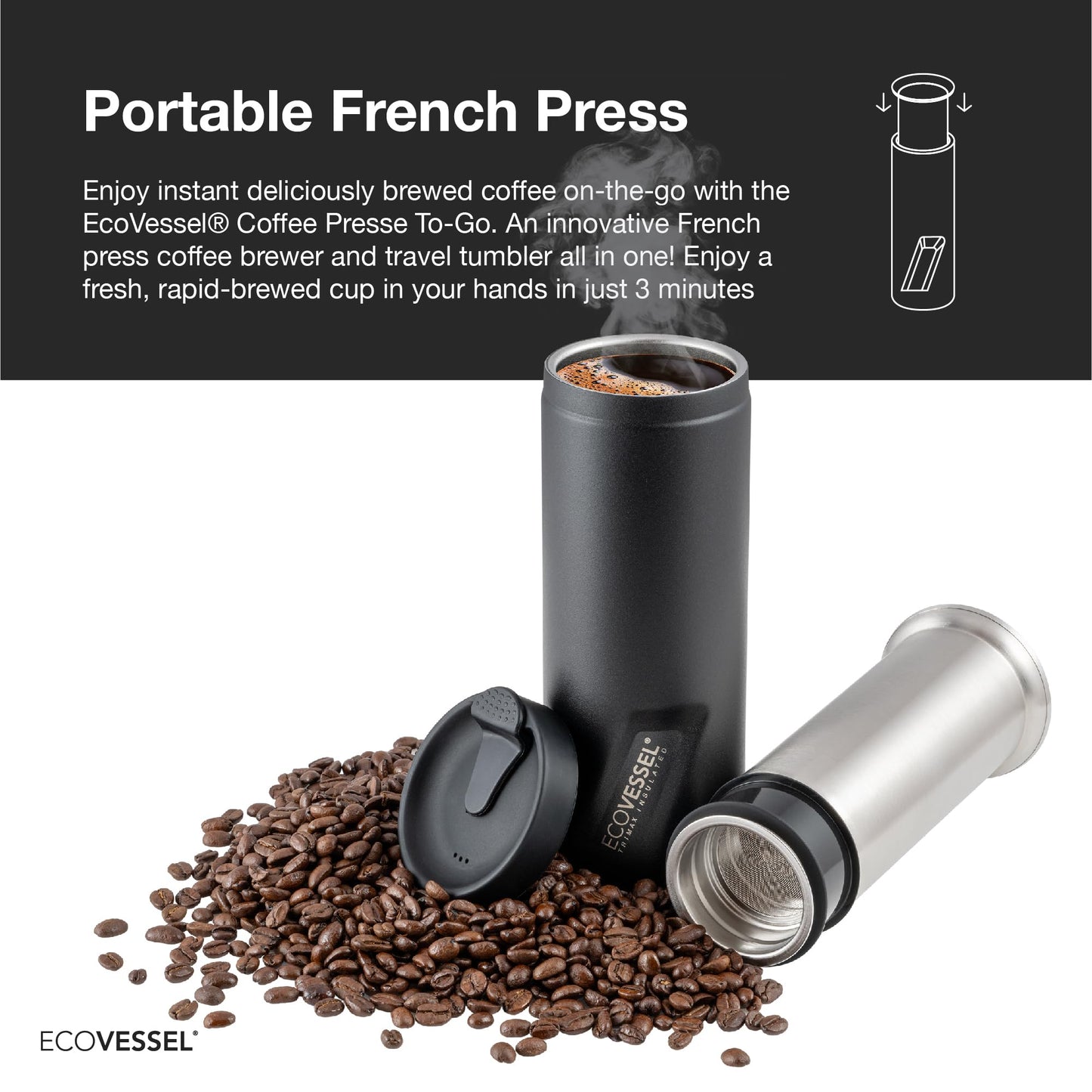 EcoVessel - Prensa francesa portátil, cafetera de viaje, aislada, acero inoxidable, botella reutilizable, 14 onzas (negro)