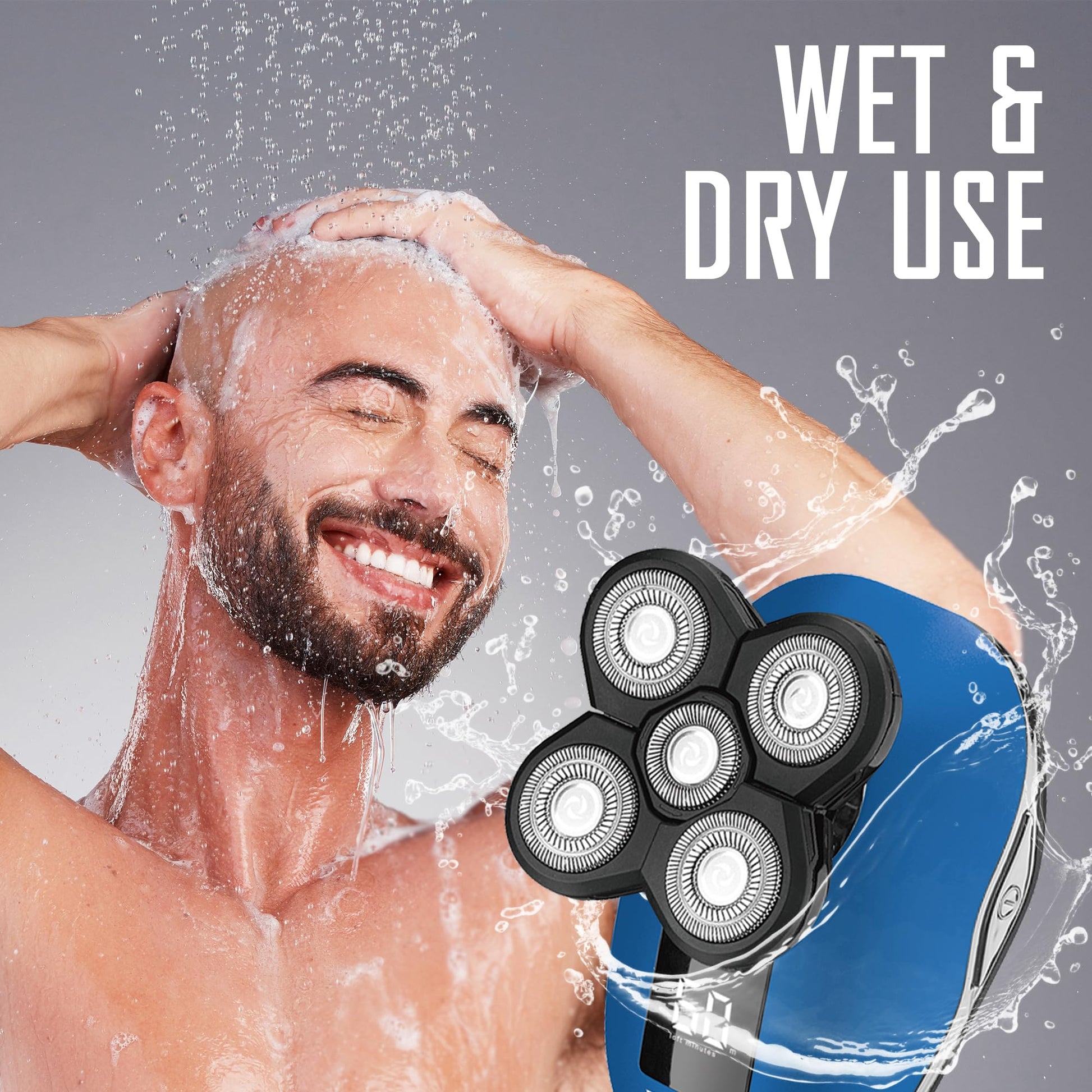 Barbasol Signature Series - Afeitadora de cabeza giratoria recargable en húmedo y seco con 5 cuchillas de acero inoxidable, LCD, azul