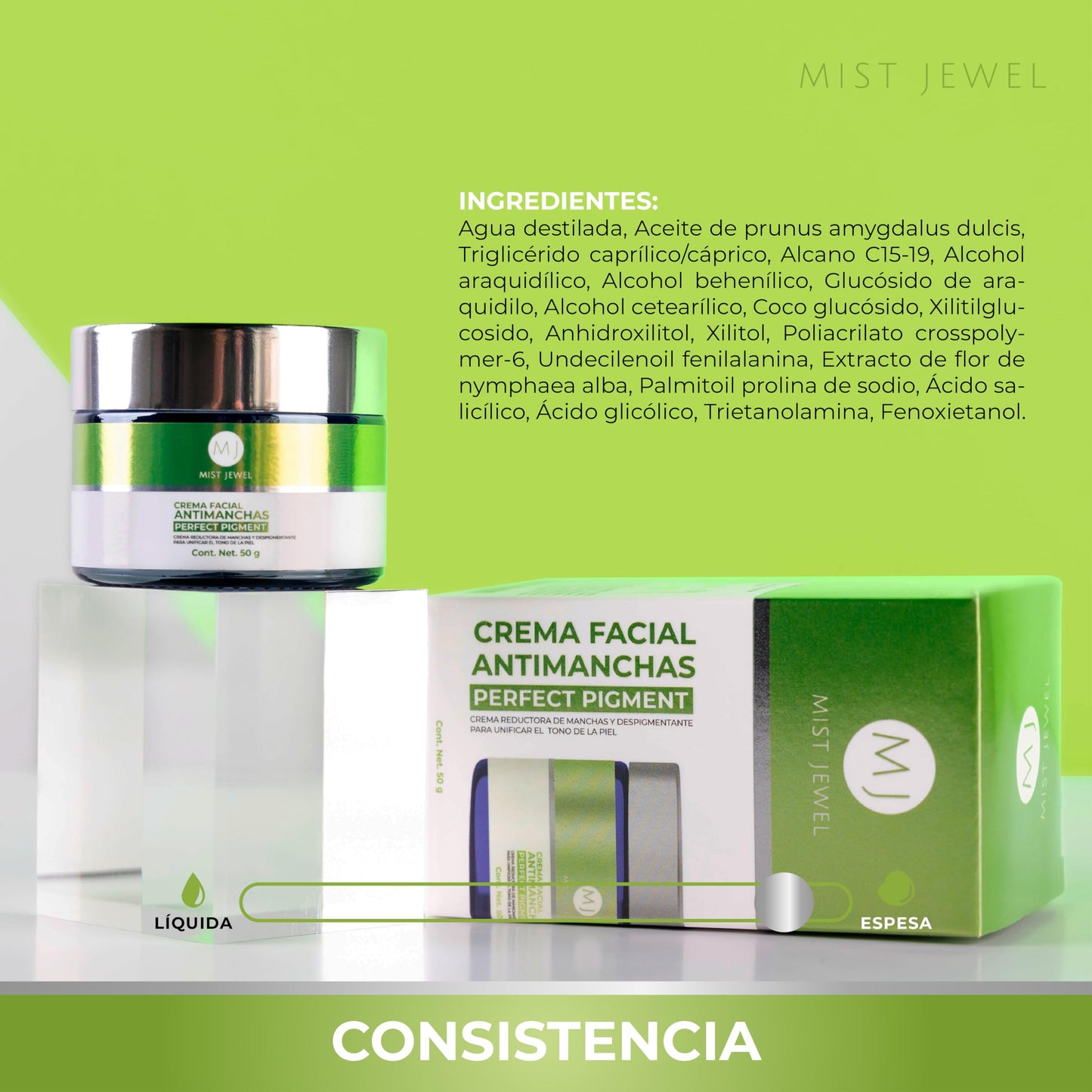 MIST JEWEL | Crema reductora de pigmentacion aclaradora para manchas faciales en la piel, antimanchas adicionado con ácido Glicólico y Salicílico para unificar el tono y reducir hiperpigmentación 50g