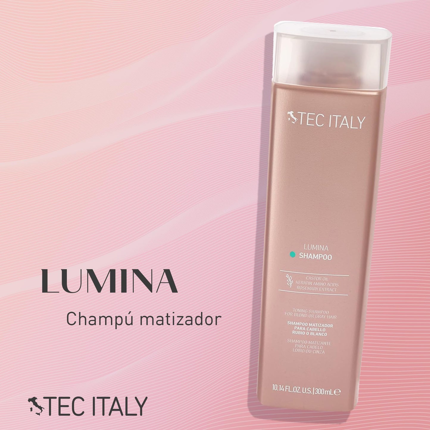 TEC ITALY - Lumina Shampoo 300 ml, Shampoo para Cabello, Matizador para Cabello Rubio y Blanco, Limpia Suavemente la Fibra Capilar, Ilumina el Cabello, Efecto Rubio Frío, Ingredientes Naturales