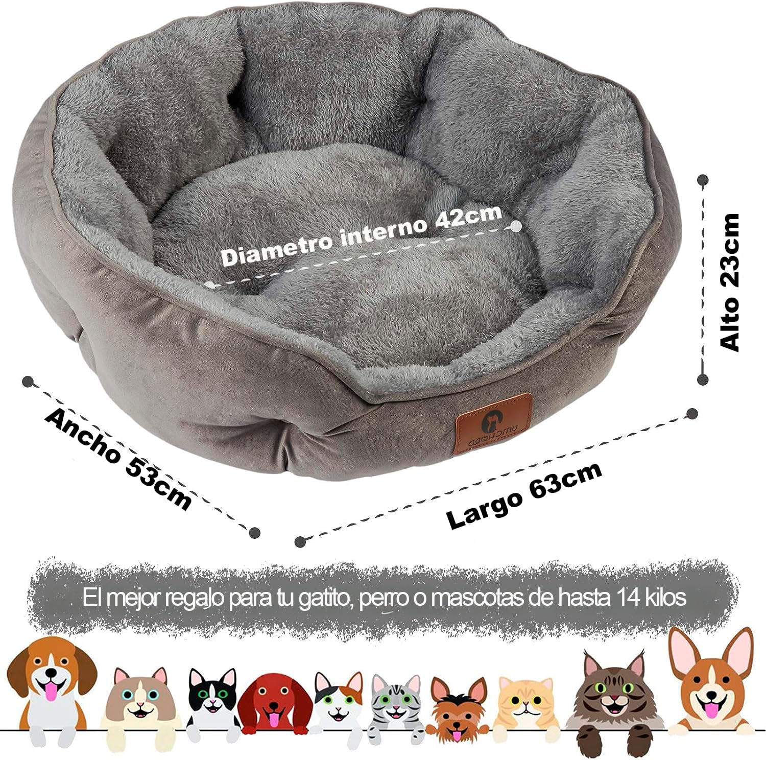 OGAGU Cama para Gato Mediano, Cama para Perro Chico o Mediano, Cama para Mascota Lavable en Maquina, Suave Base Antideslizante, Resistente a Suciedad y facil de Lavar (Gris, Medium)