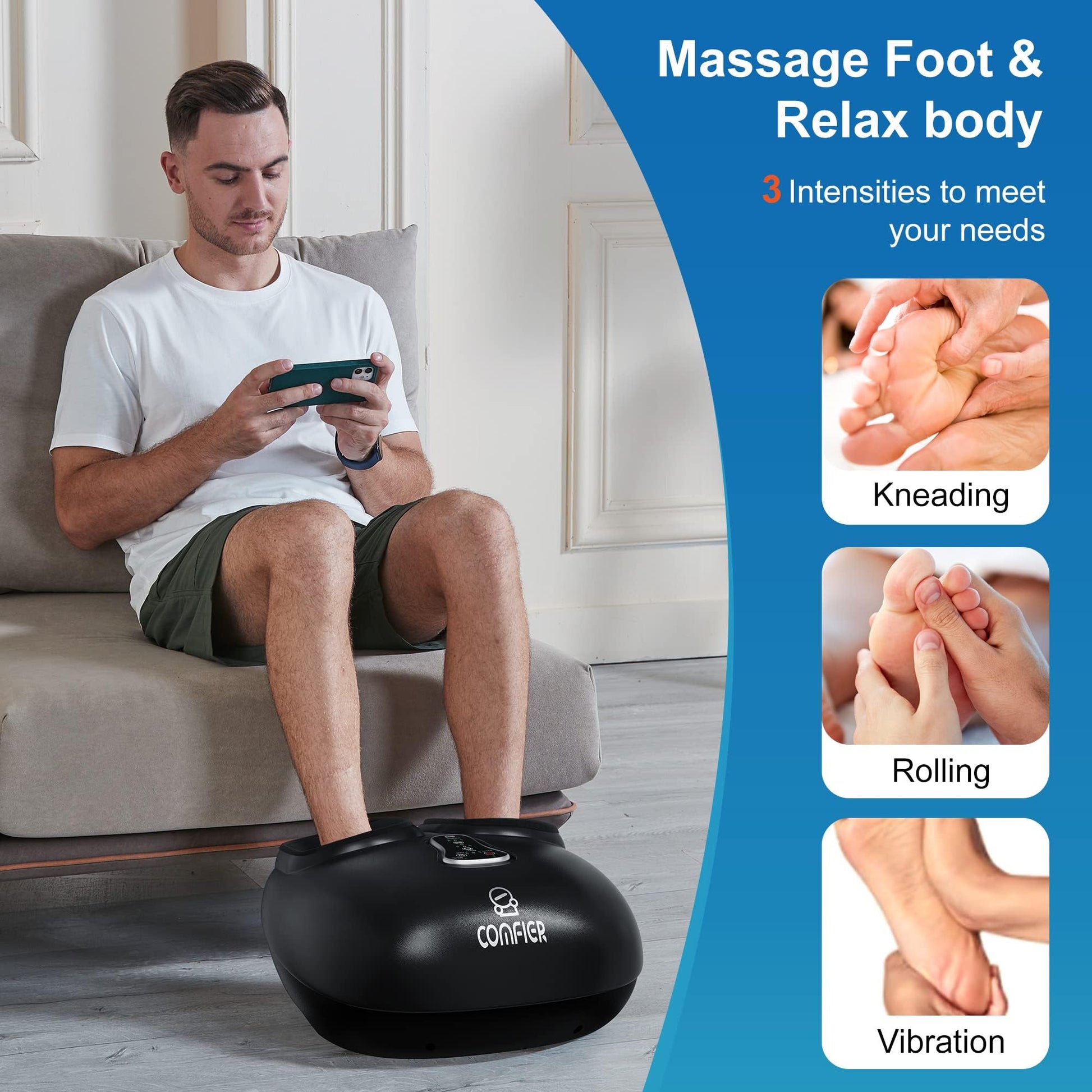 COMFIER Shiatsu masajeador de pies con calor, vibración, máquina masajeador de pies de compresión para fascitis plantar, dolor de neuropatía, regalos para ella, se adapta a tamaños de hasta 13