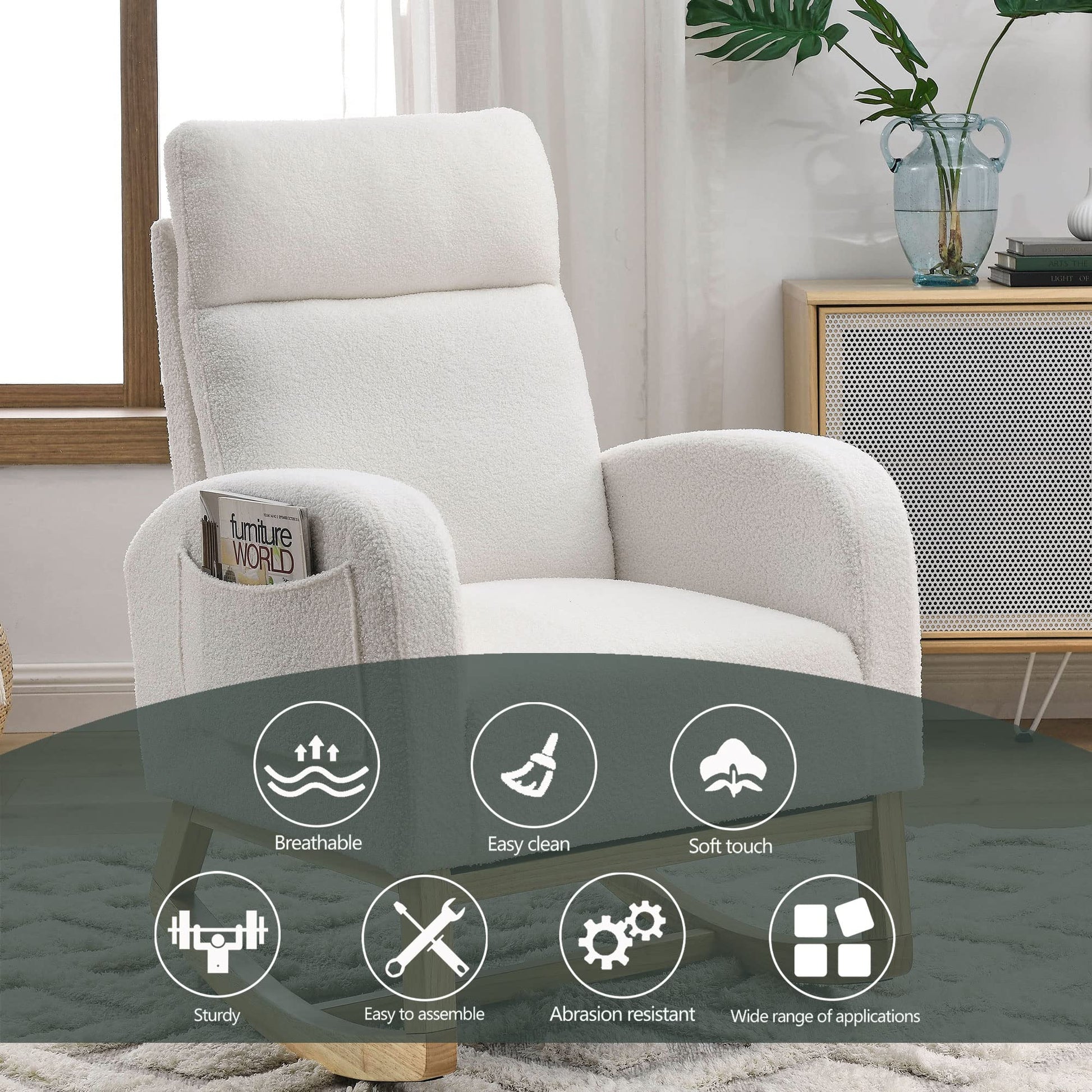 Krinana - Mecedora de guardería con patas de madera maciza, silla planeadora para guardería con dos bolsillos laterales, sillón basculante para sala de estar, recámara (blanco marfil, tela de peluche)