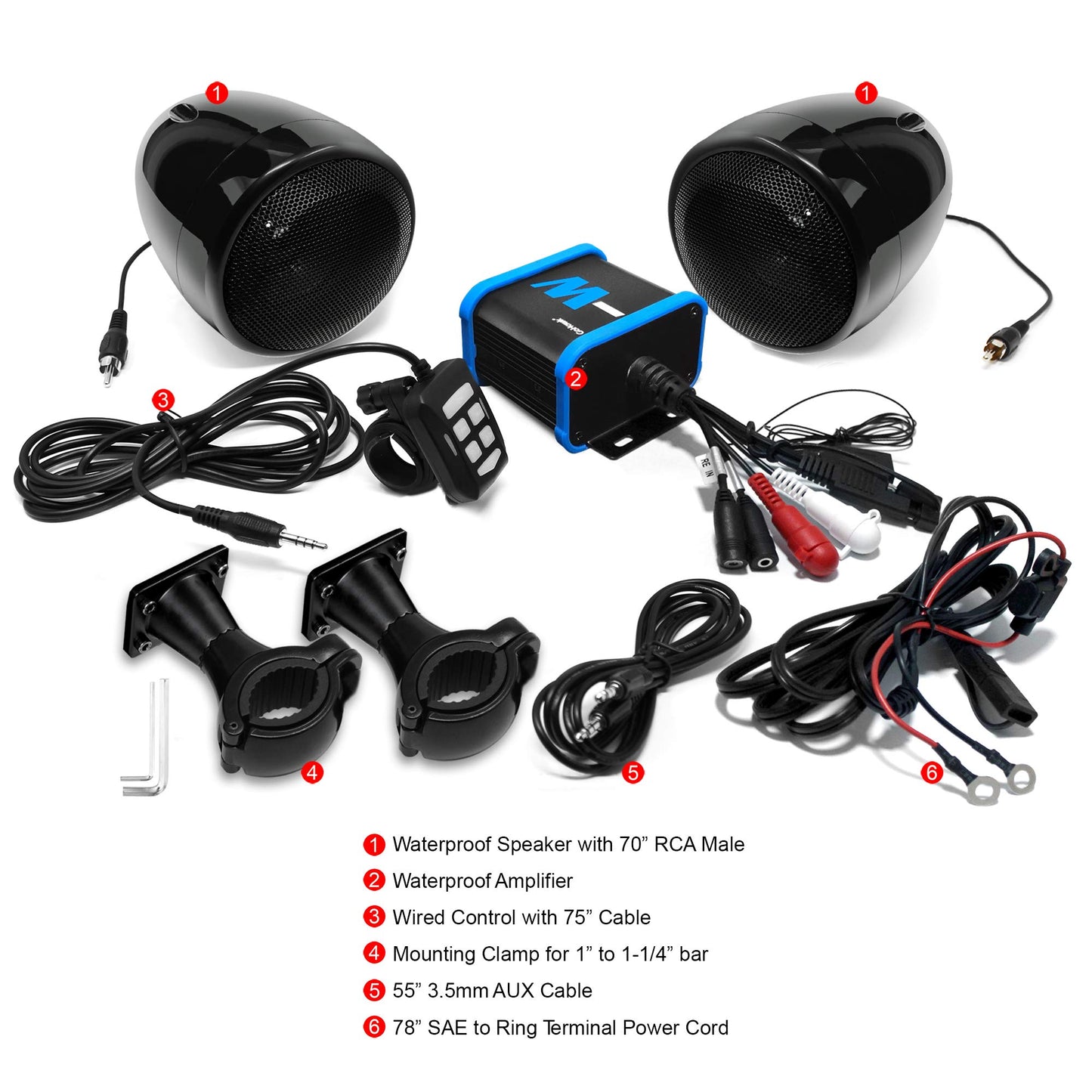 GoHawk TN4-W - Amplificador impermeable de 4 pulgadas, rango completo Bluetooth para motocicleta, altavoces estéreo de 1 a 1.25 pulgadas. Sistema de amplificador de audio para montaje en manubrio