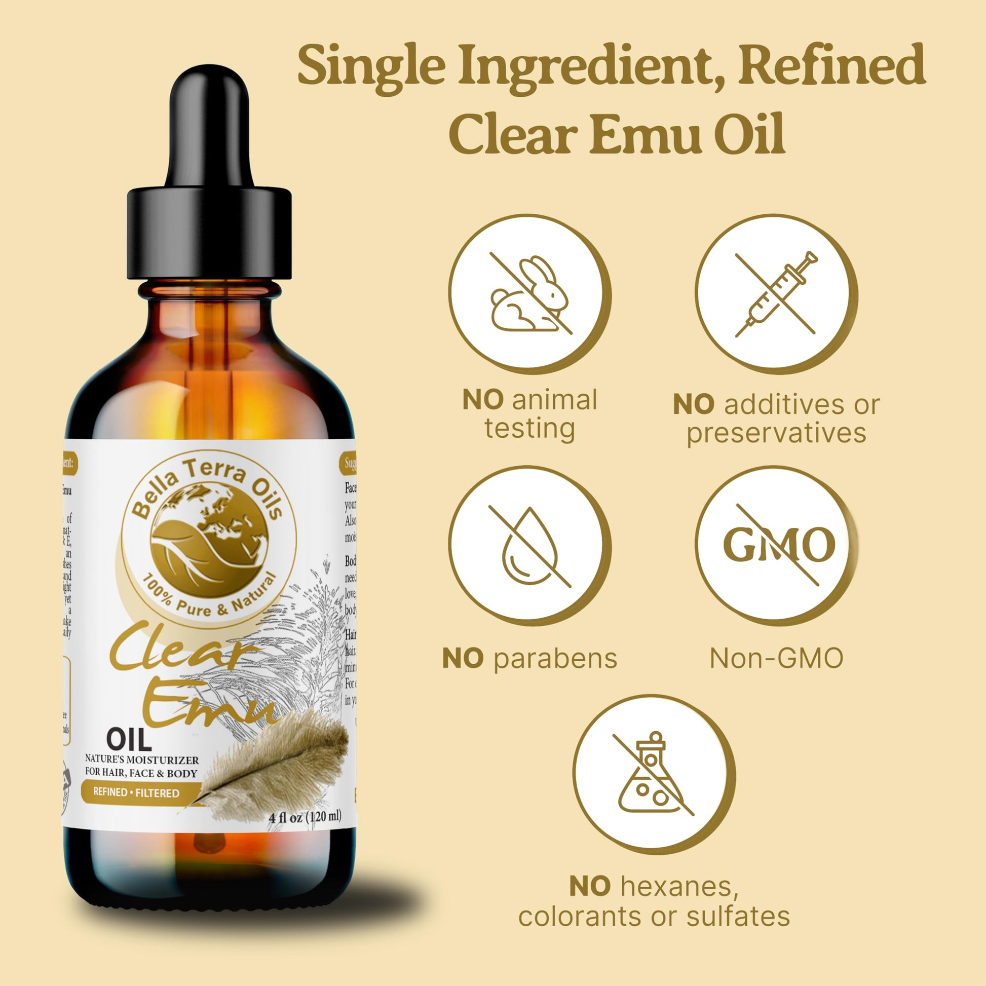 NEW Ultra Clear Emu Oil. 4oz. Australian. Fully Refined. Organic. 100% Pure. Anti-inflammatory. Hexane-free. Soothes Skin. Promotes Hair Growth. Natural Moisturizer. For Hair, Skin, Stretch Marks.