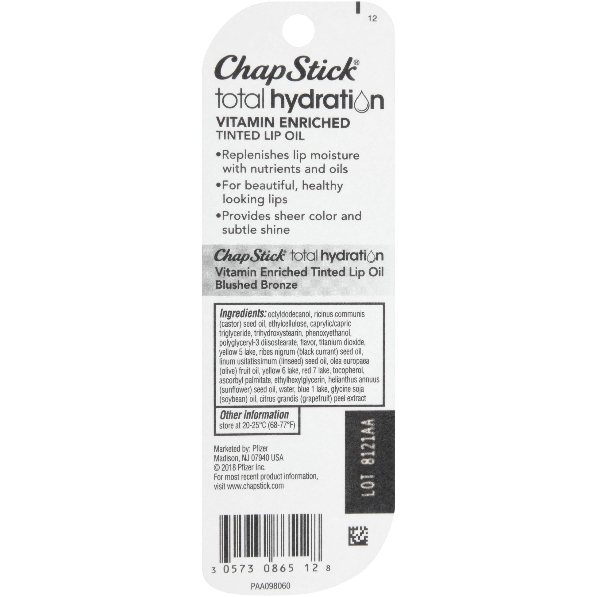 ChapStick Total Hydration Vitamin Enriched Tinted Lip Oil (Blushed Bronze, 1 Tube), Vitamin C, Vitamin E, Contains Omega 3 6 9, 0.24 Ounce