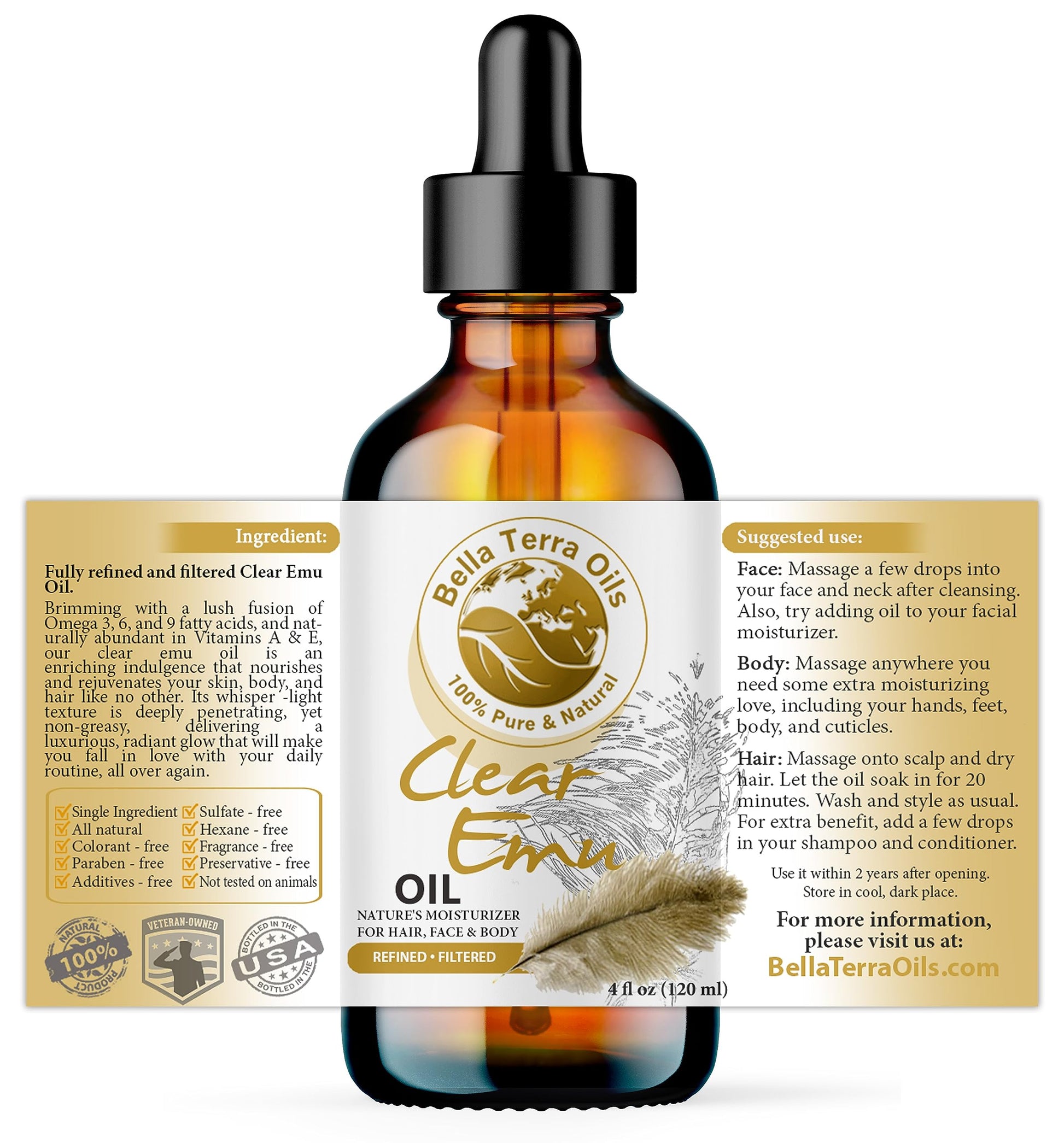 NEW Ultra Clear Emu Oil. 4oz. Australian. Fully Refined. Organic. 100% Pure. Anti-inflammatory. Hexane-free. Soothes Skin. Promotes Hair Growth. Natural Moisturizer. For Hair, Skin, Stretch Marks.