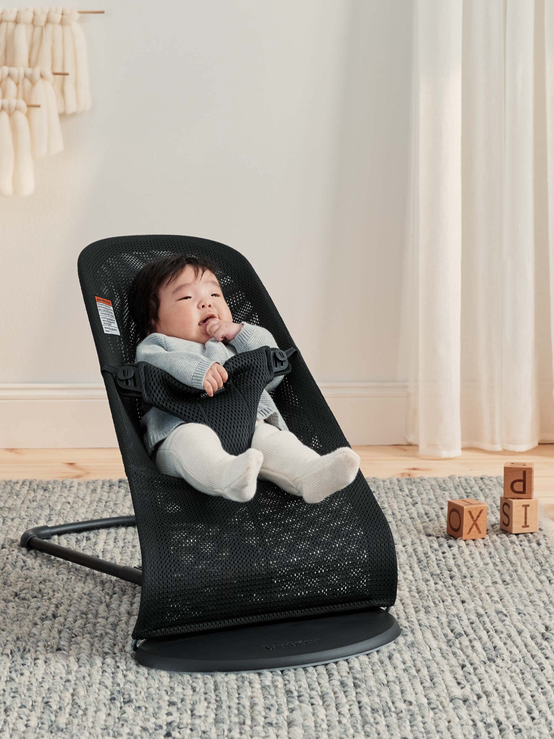 BabyBjörn Bouncer Bliss, Black Frame, Mesh, Black 2-in-1 Adjustable Baby Bouncer Seat and Toddler Chair, Newborn to Toddler (8-29 lbs), 4 positions, Lightweight & Portable