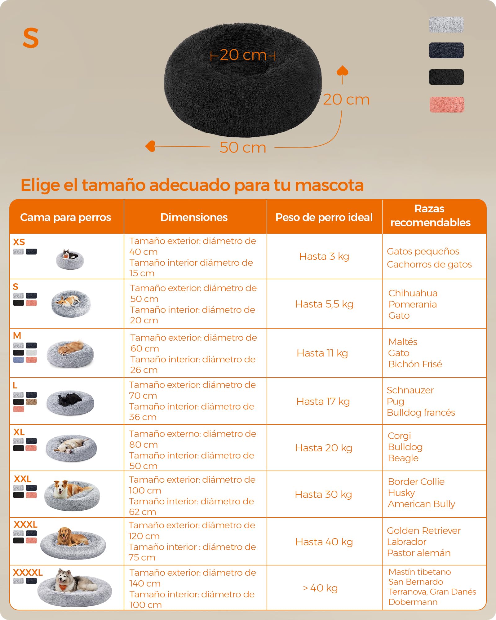 Feandrea Cama de Perros, Cama para Mascotas, Diámetro de 50 cm, Cojín Central Extraíble y Lavable, Alfombra de Felpa, Negro Tinta MPGW037B01