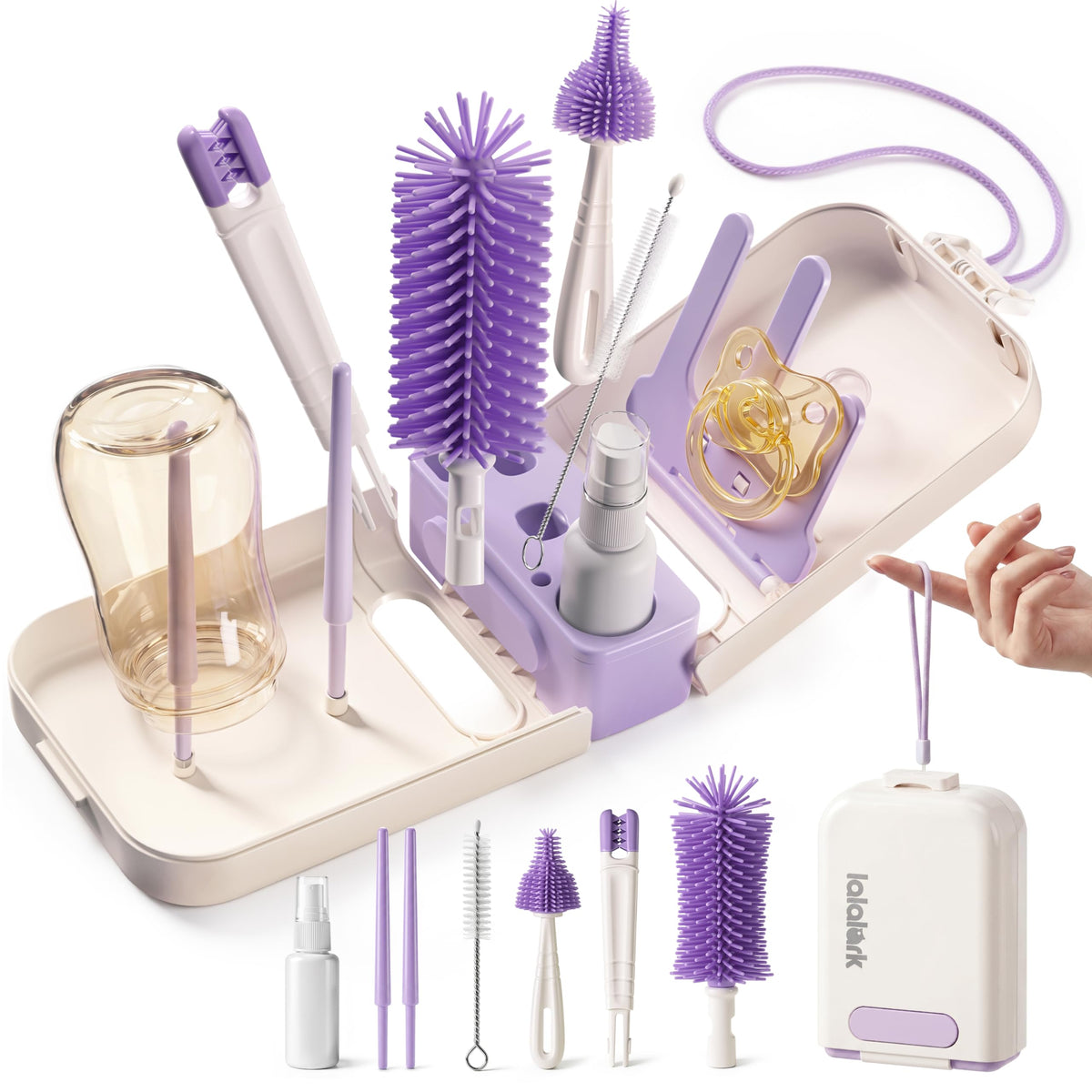 lalark Juego de cepillos para biberones 7 en 1, kit de limpieza de biberones de silicona sin BPA, cepillo de doble cabeza, cepillos para pezones, dispensador de jabón y estante de secado, limpiador