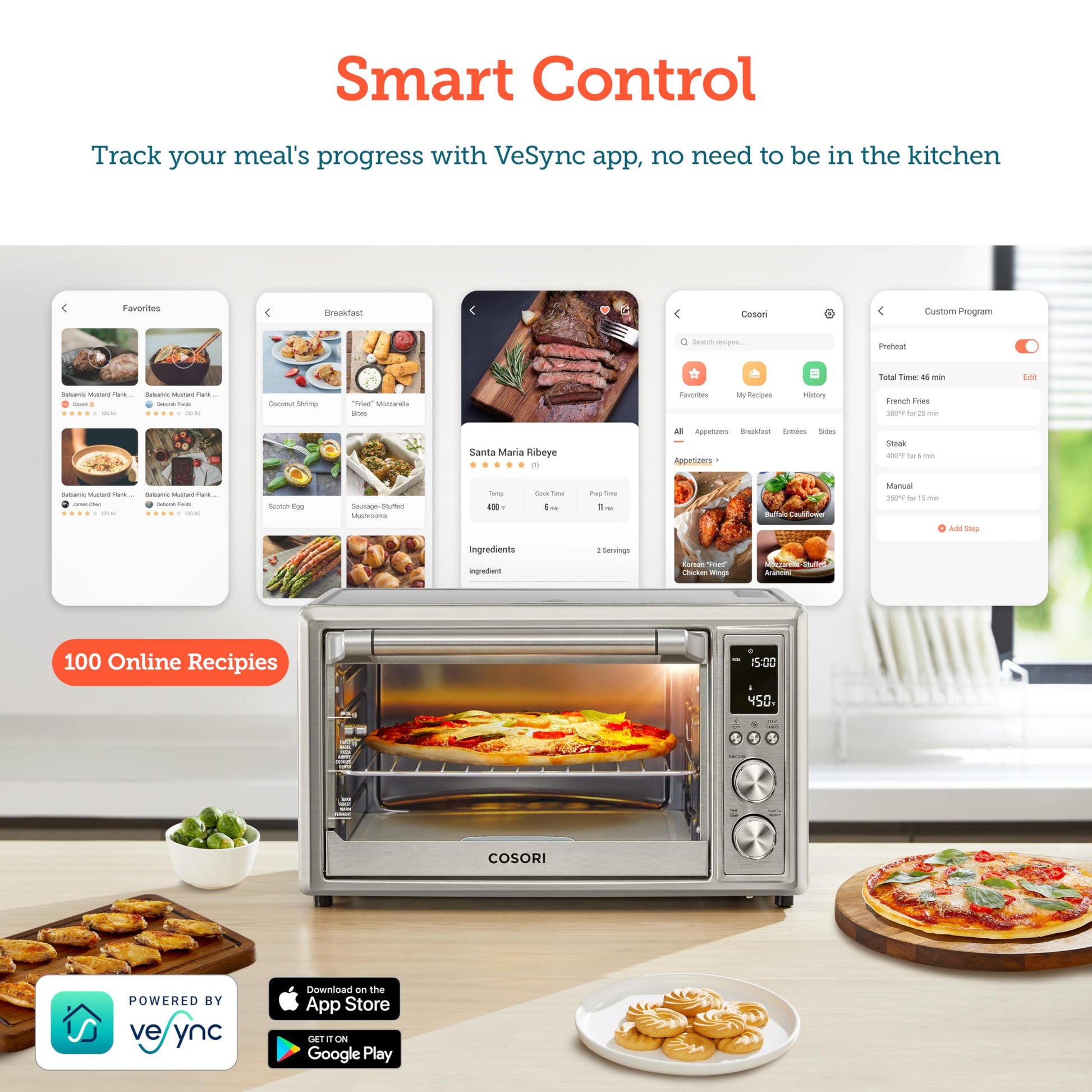 COSORI Combo de horno tostador de aire 13 en 1, aplicación de 32 cuartos y encimera de horno de convección de control de voz, hornear, asar, deshidratar, Sous Vide, 134 recetas y 4 accesorios, plata,