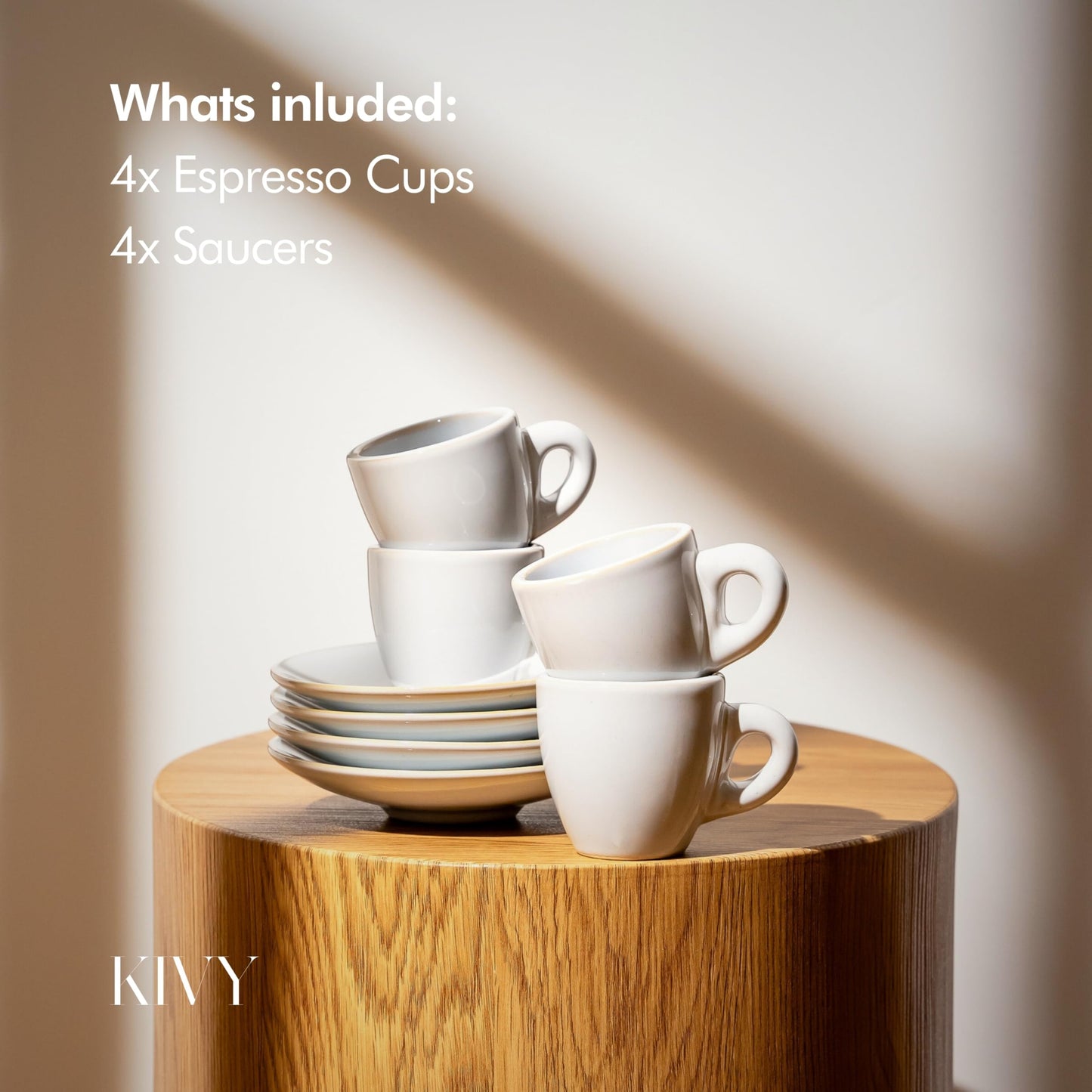 KIVY - Juego de 4 tazas de café expreso de gres de 3 onzas, tazas y platillos de demitasse de estilo italiano, color gris de pared gruesa