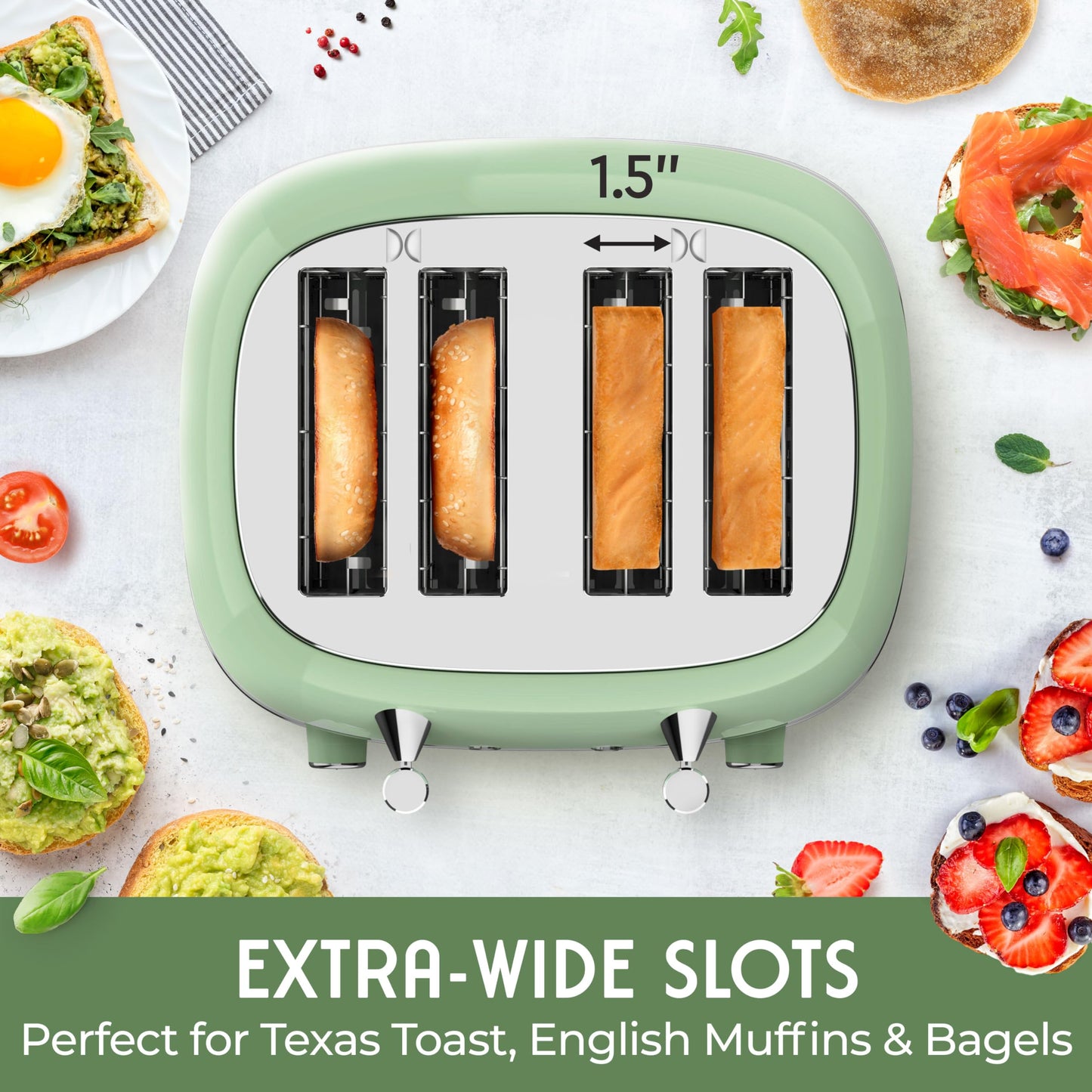 Mueller - Tostador retro con 7 niveles de tostado y 3 funciones, calentar, descongelar y cancelar, acero inoxidable, charola de residuos extraíble, compartimento para cable bajo la base, verde salvia