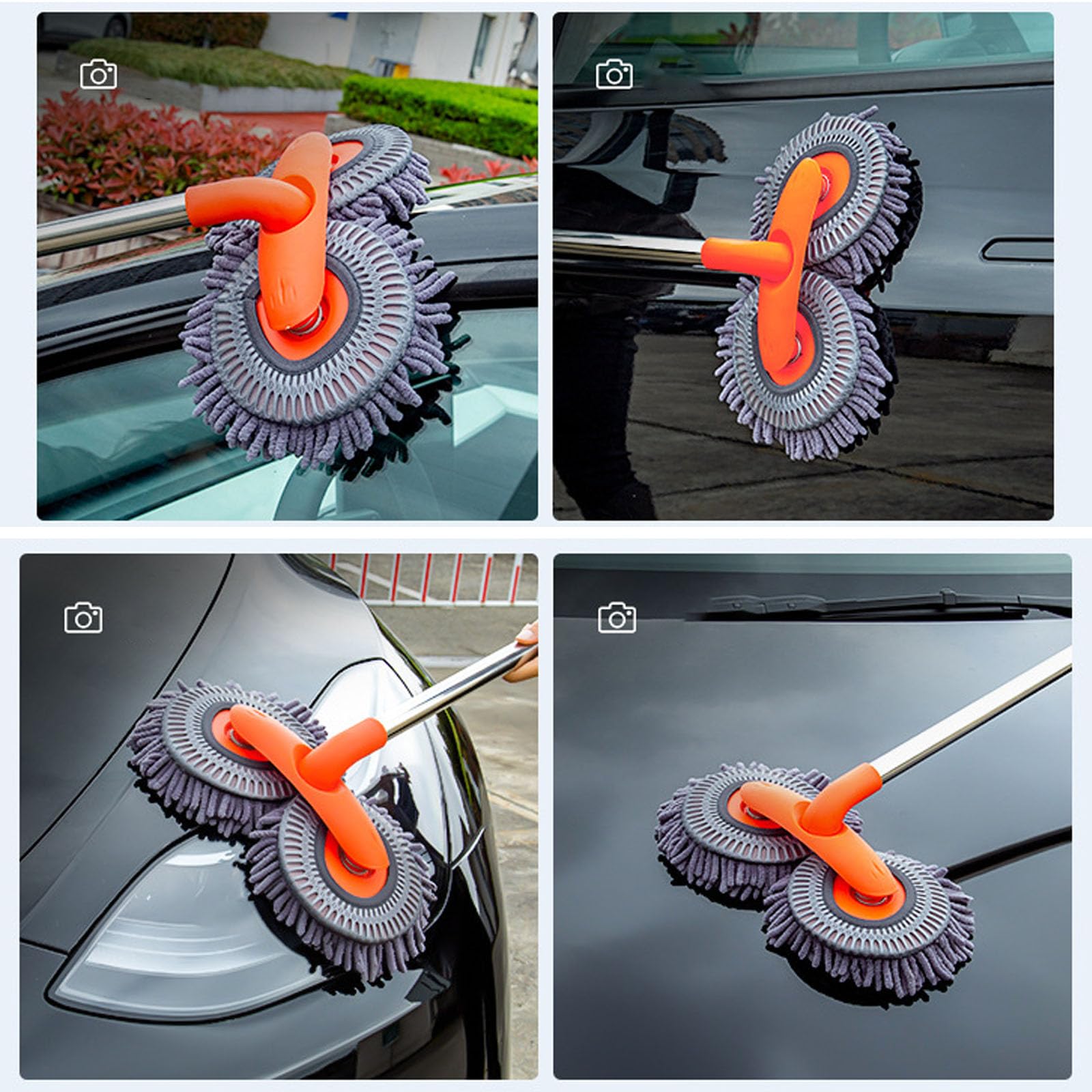 BYHANG Cepillo para Lavar Carros con Mango Largo, Juego de Cepillos para Limpieza de Coches, con 360° Cepillo Giratorio de Doble Cabezal, para Limpiar Coches, Neumáticos (Color Naranja)