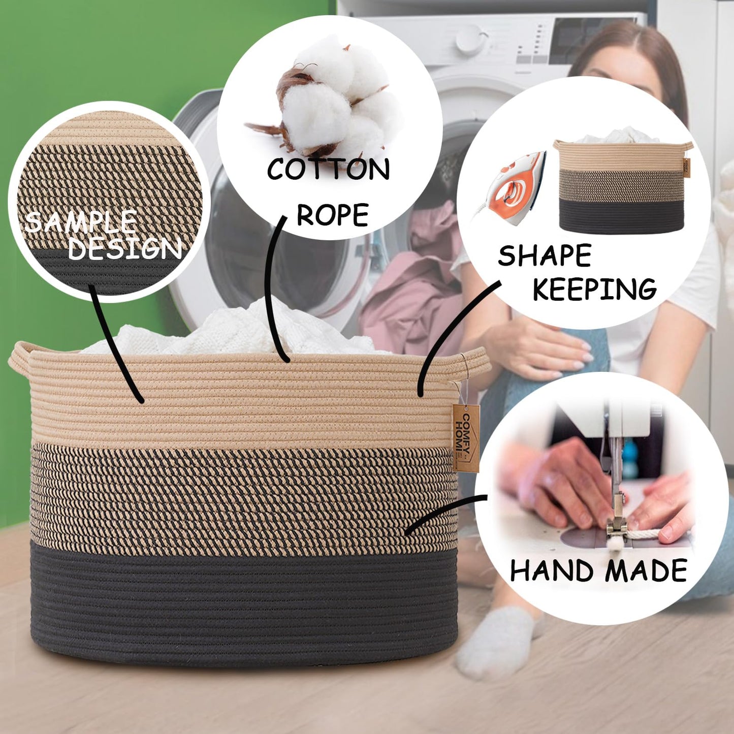 COMFY-HOMI XXXL - Cesta grande de lavandería con cuerda de algodón para guardería, cestas de manta, cesta de lavandería para sala de estar, organizador de almacenamiento de juguetes para perros,
