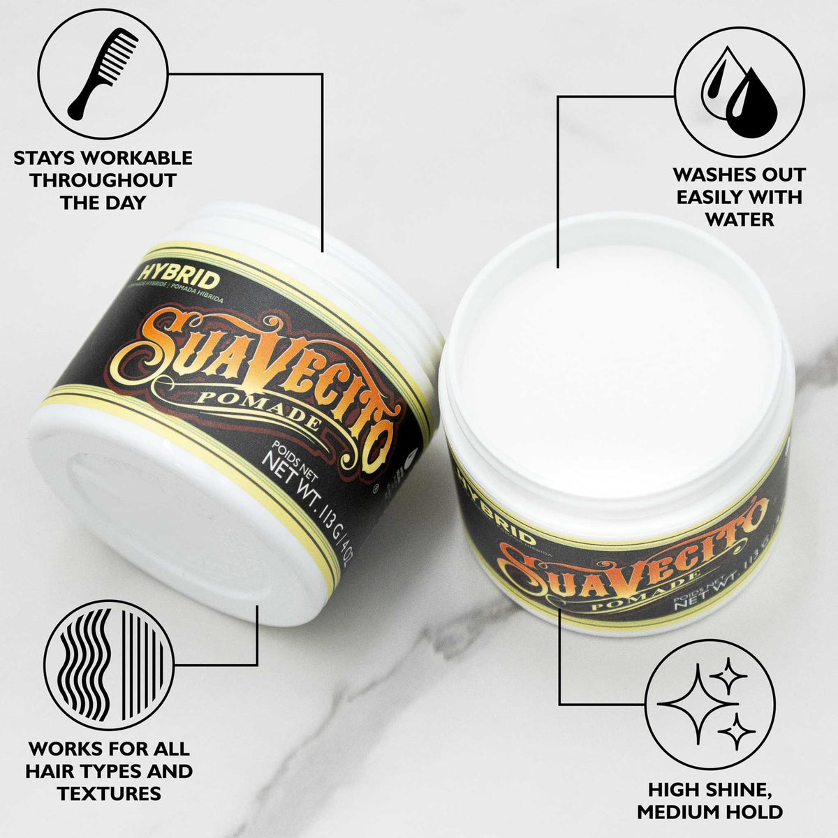 Suavecito Pomada Híbrida Pomada para El Cabello para Hombres - Fijación Media Fórmula Híbrida de Agua y Aceite de Alto Brillo - Retrabajable - Fácil de Lavar - Fijación Todo El Día 113g
