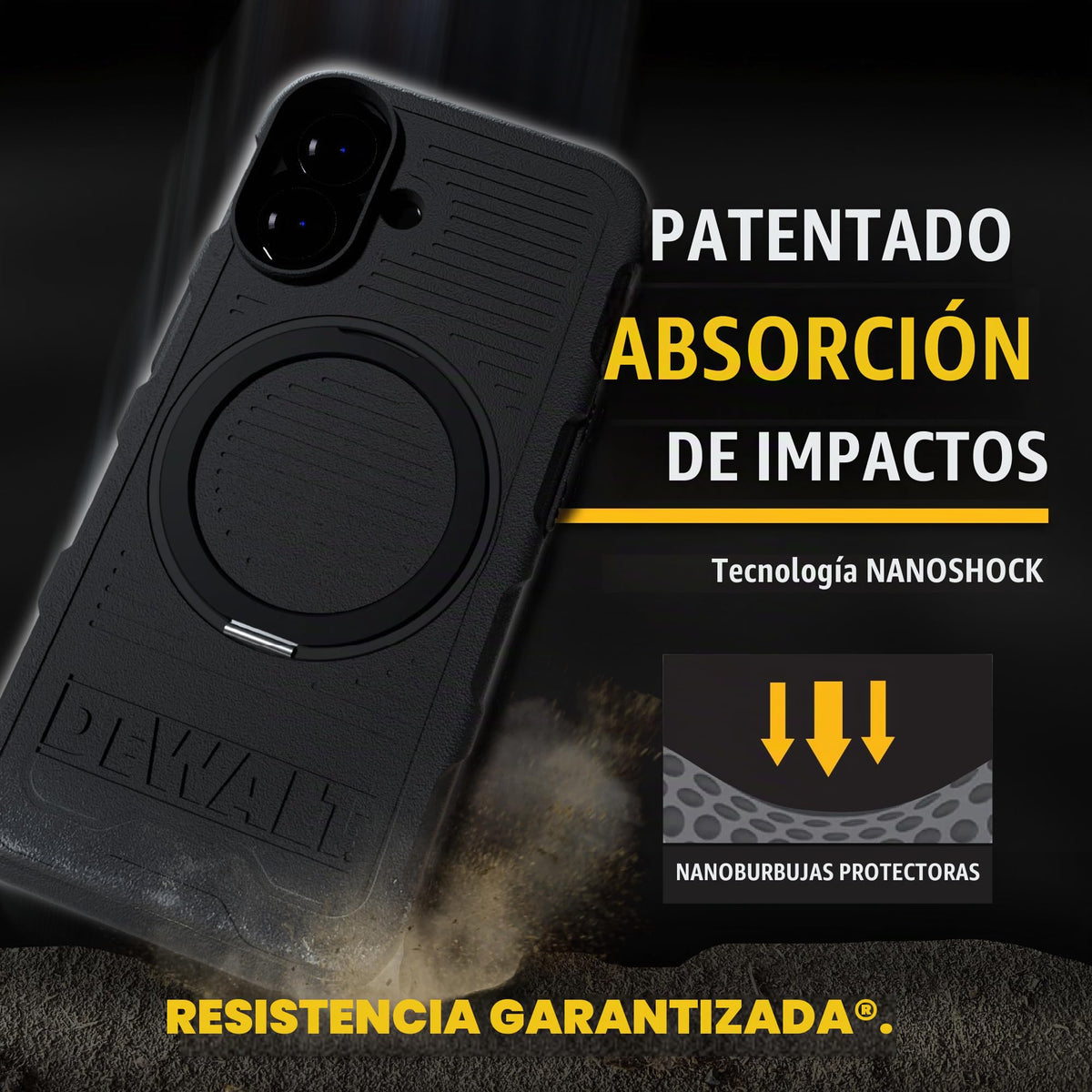 Anillo Magnético Giratorio DEWALT Negro Resistente contra Caídas para iPhone 16 Series