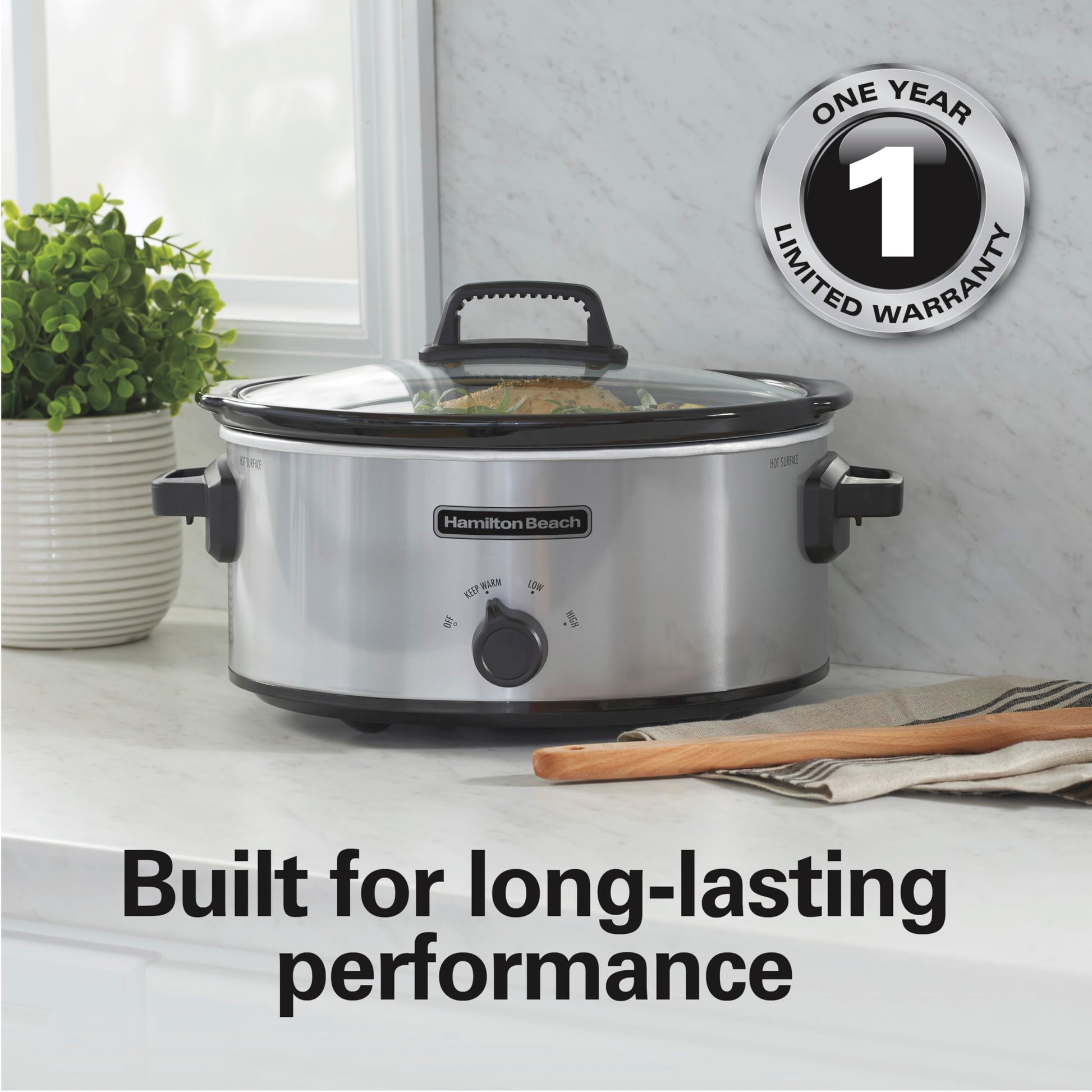 Hamilton Beach - Olla de cocción lenta de 6 cuartos con 3 ajustes de cocción, vajilla de cerámica apta para lavaplatos y tapa de vidrio, plata (33665G)